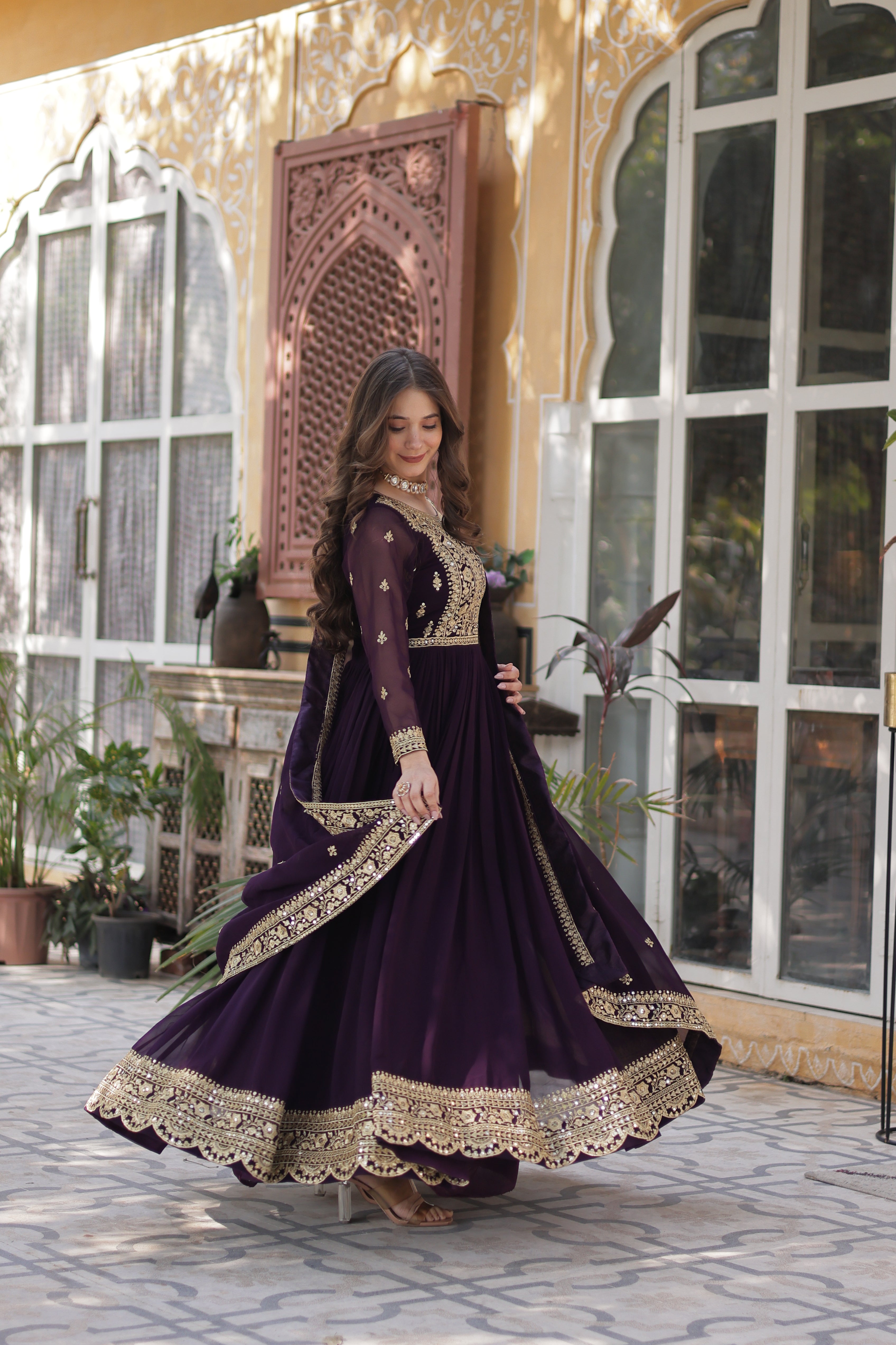 Georgette Zari Work Party Wear Gown With Dupatta