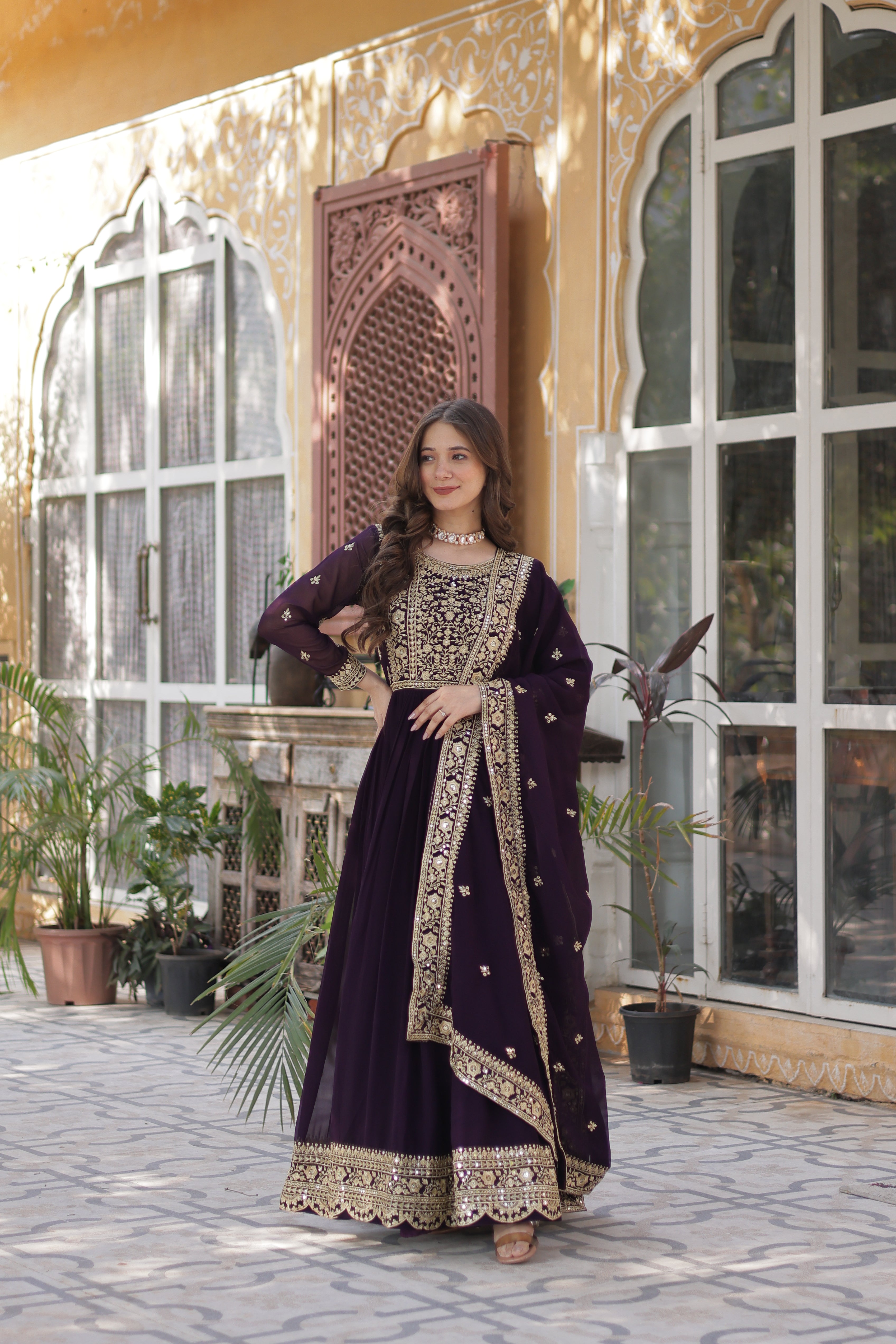 Georgette Zari Work Party Wear Gown With Dupatta