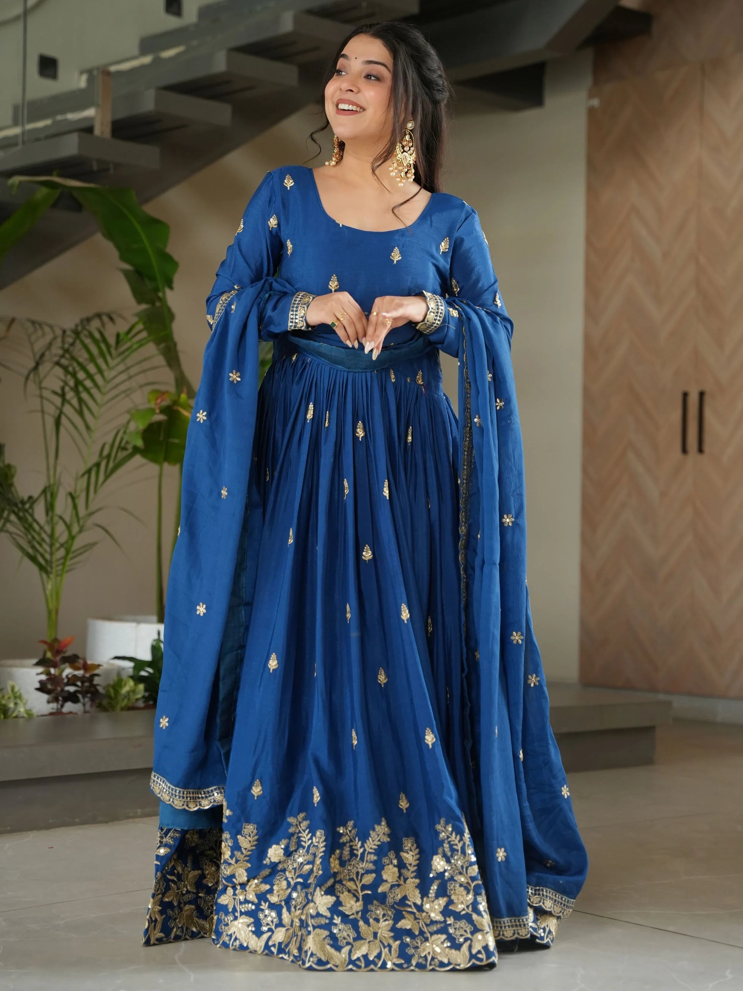 Blue Chinon Floral Embroidered Festival Gown With Dupatta