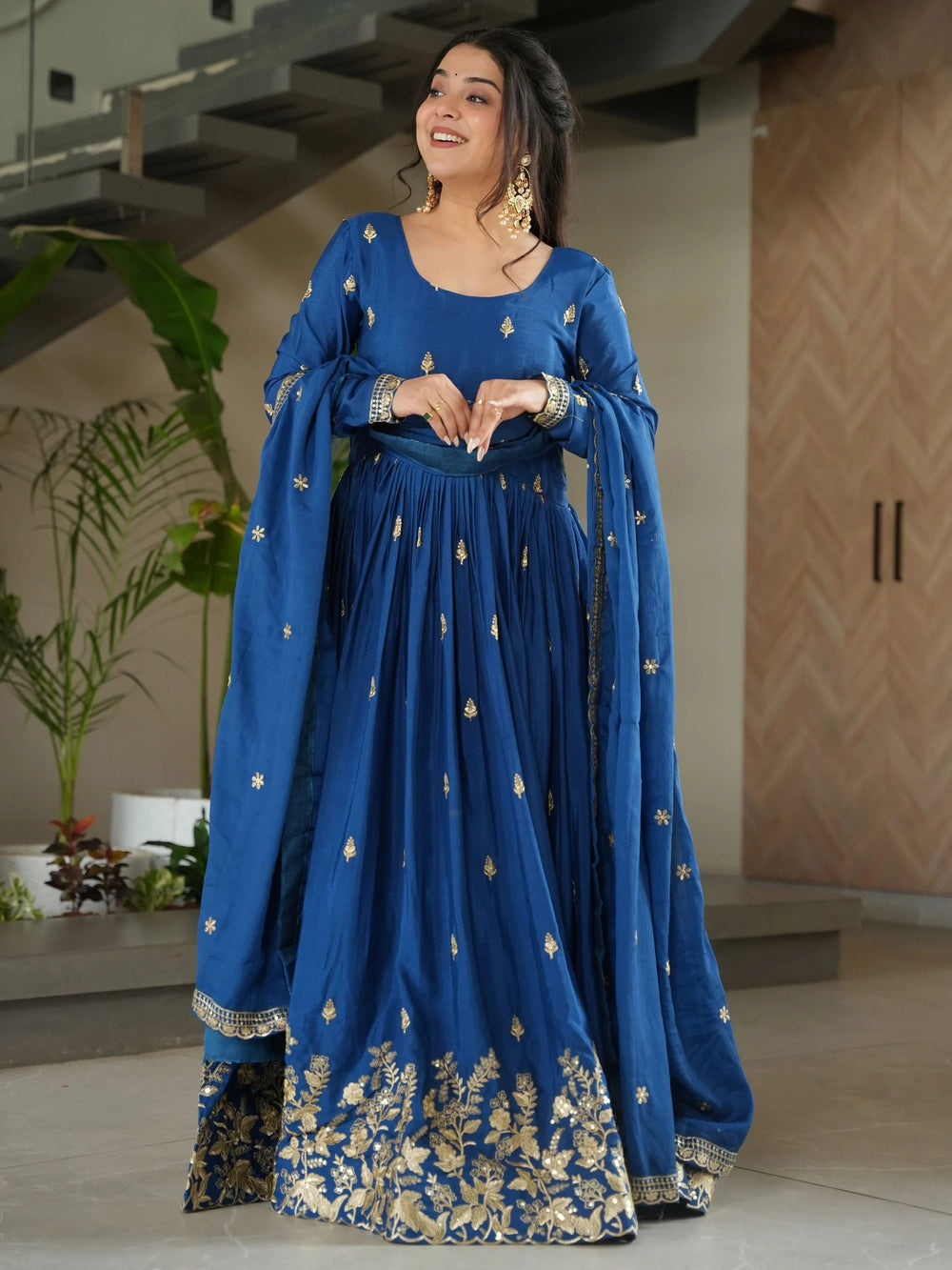 Blue Chinon Floral Embroidered Festival Gown With Dupatta