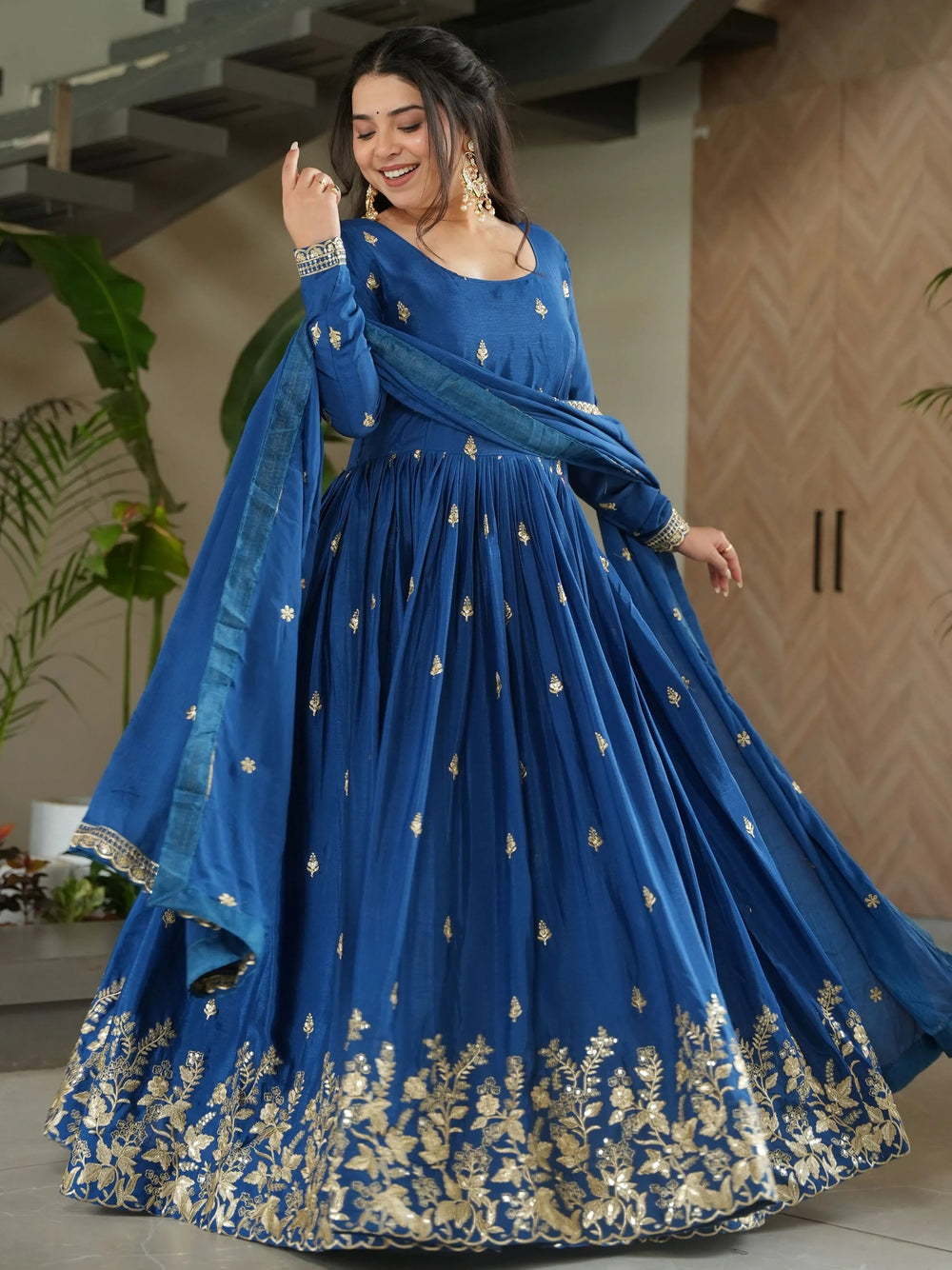 Blue Chinon Floral Embroidered Festival Gown With Dupatta