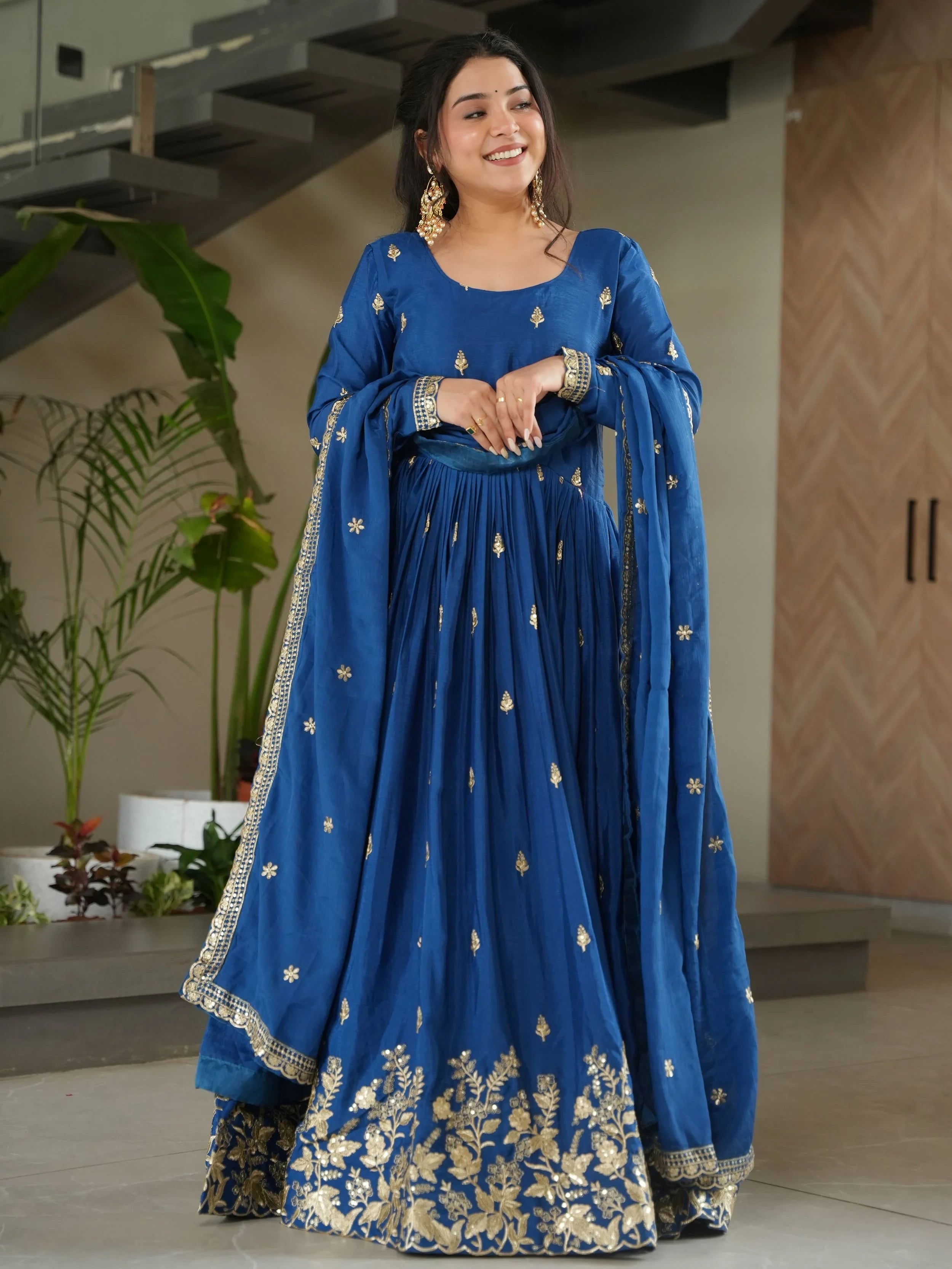 Blue Chinon Floral Embroidered Festival Gown With Dupatta
