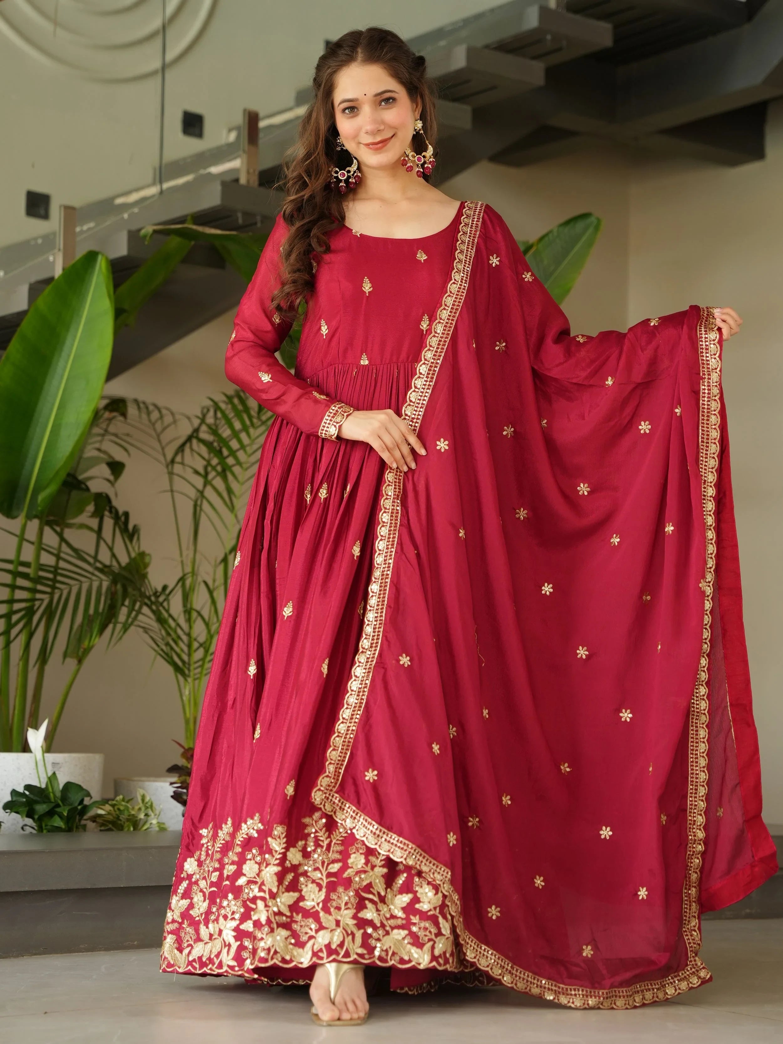 Red Chinon Sequins Work Function Wear Gown With Dupatta