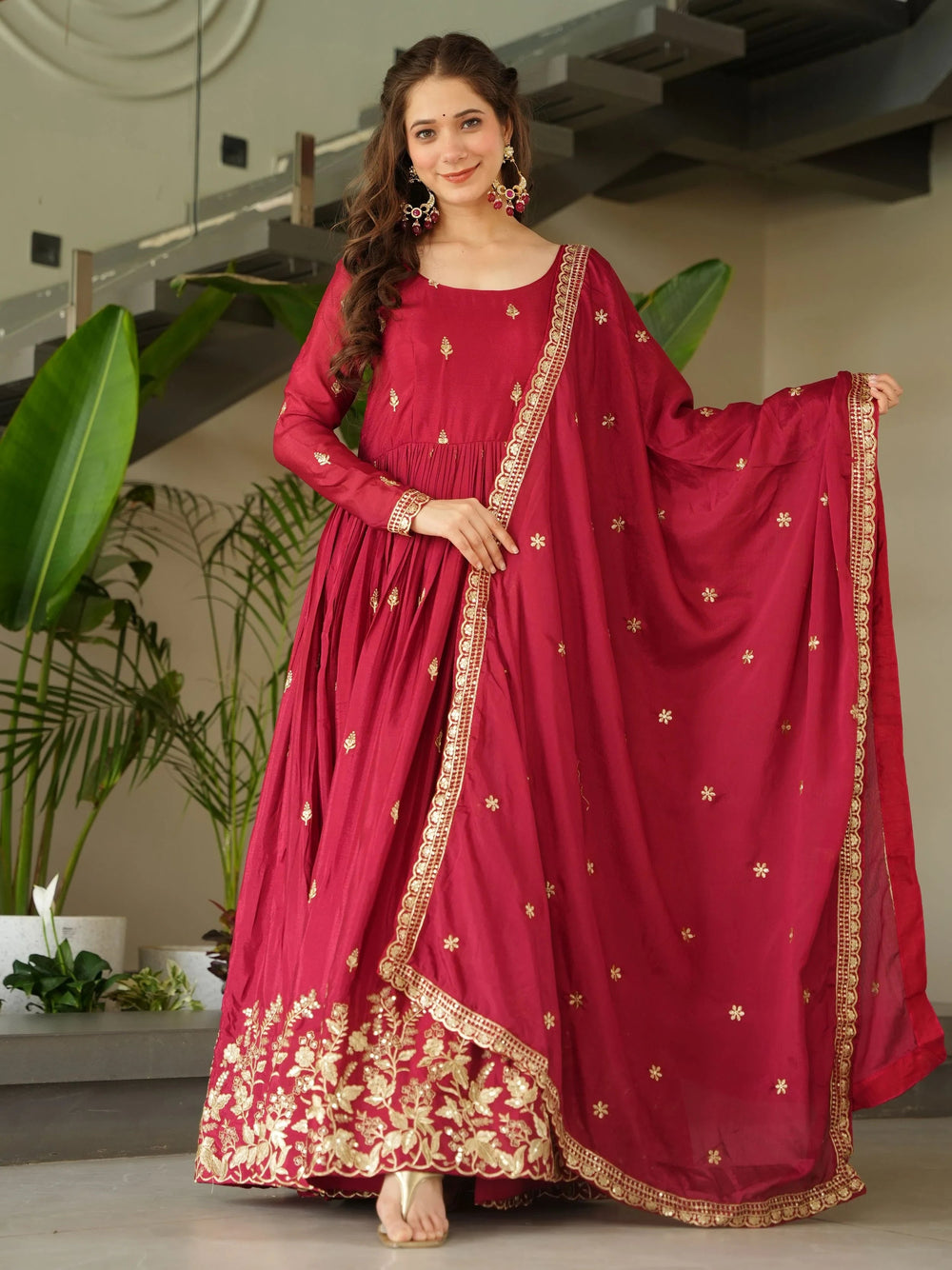 Red Chinon Sequins Work Function Wear Gown With Dupatta
