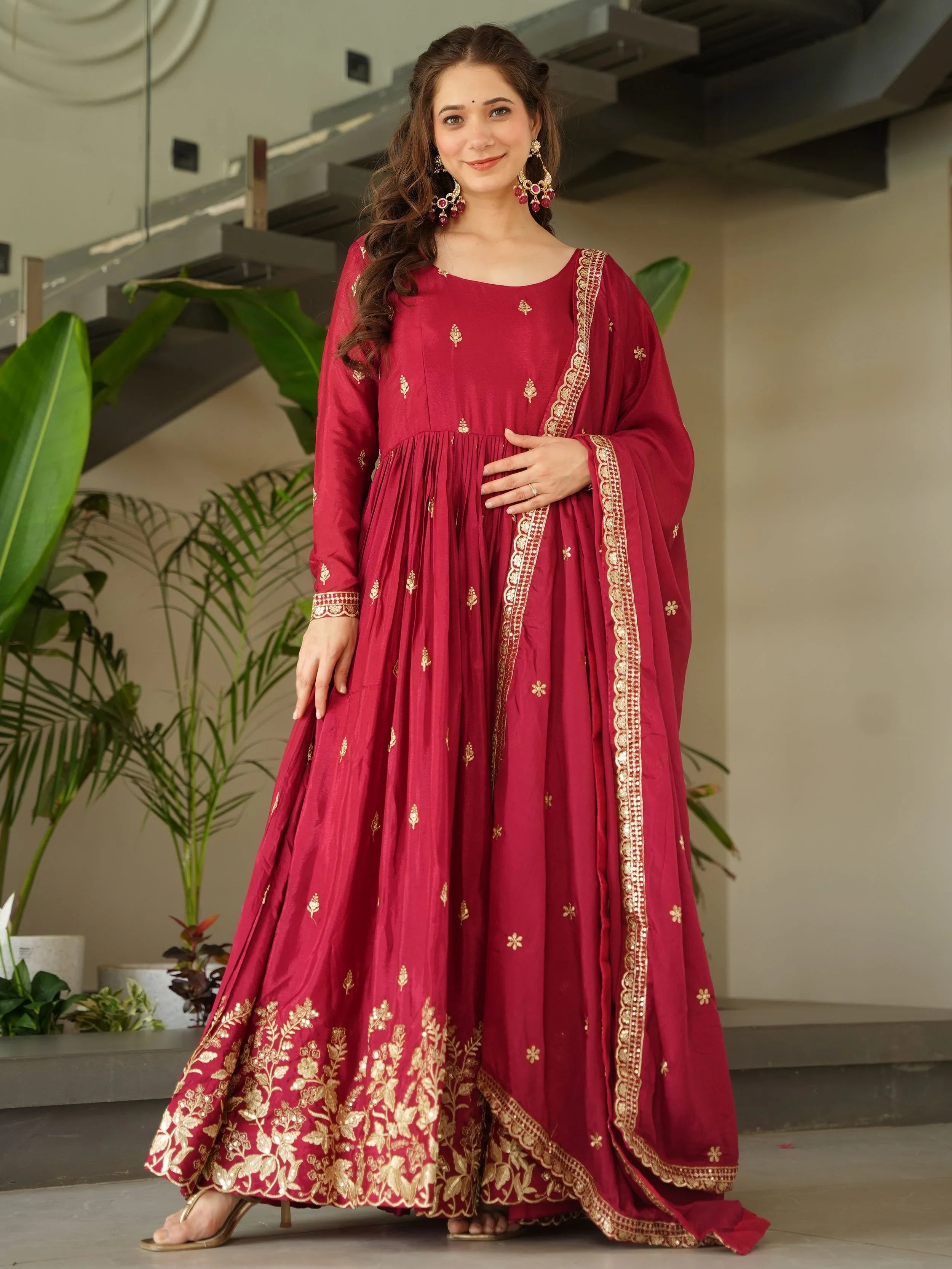 Red Chinon Sequins Work Function Wear Gown With Dupatta