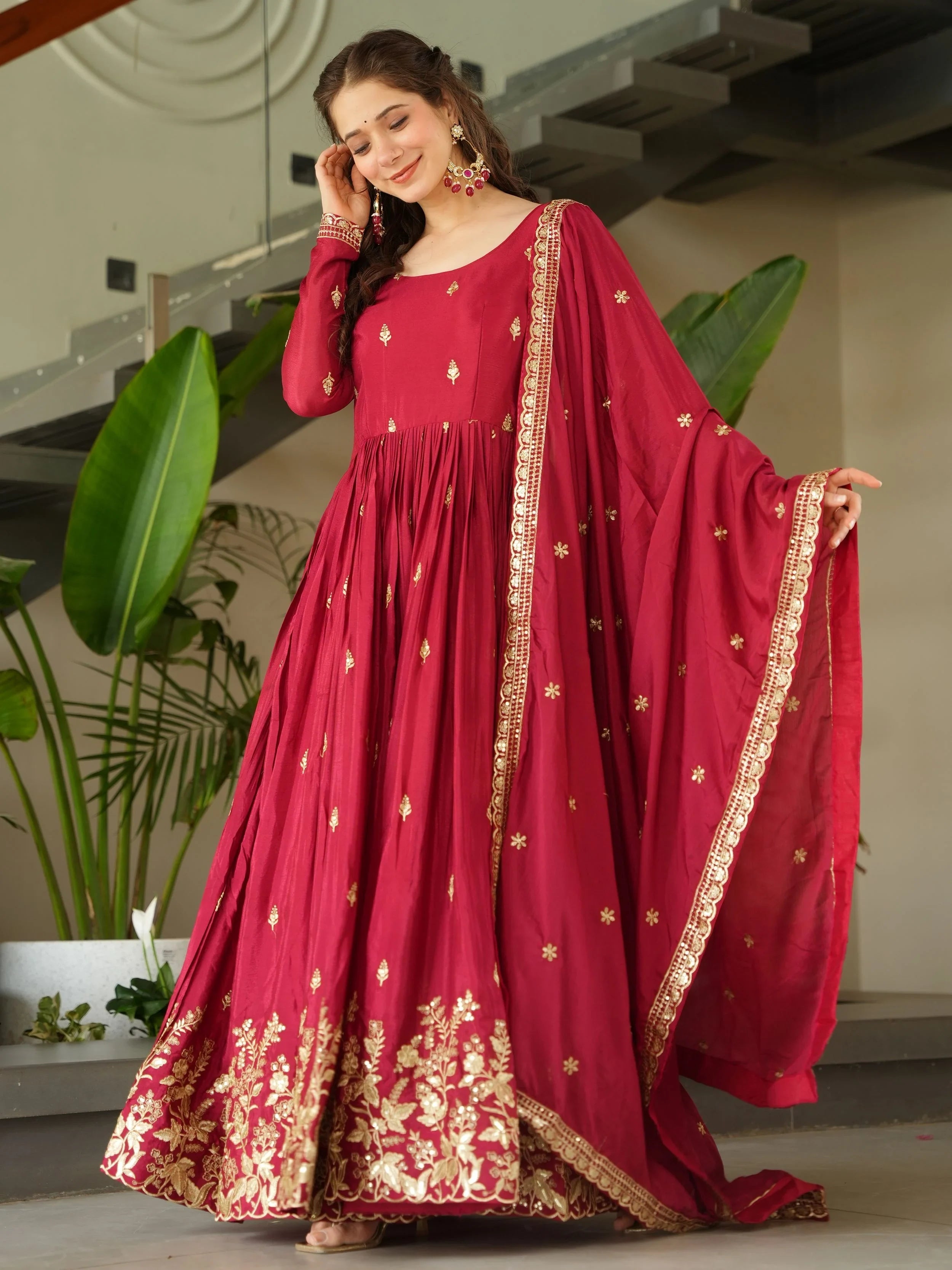 Red Chinon Sequins Work Function Wear Gown With Dupatta
