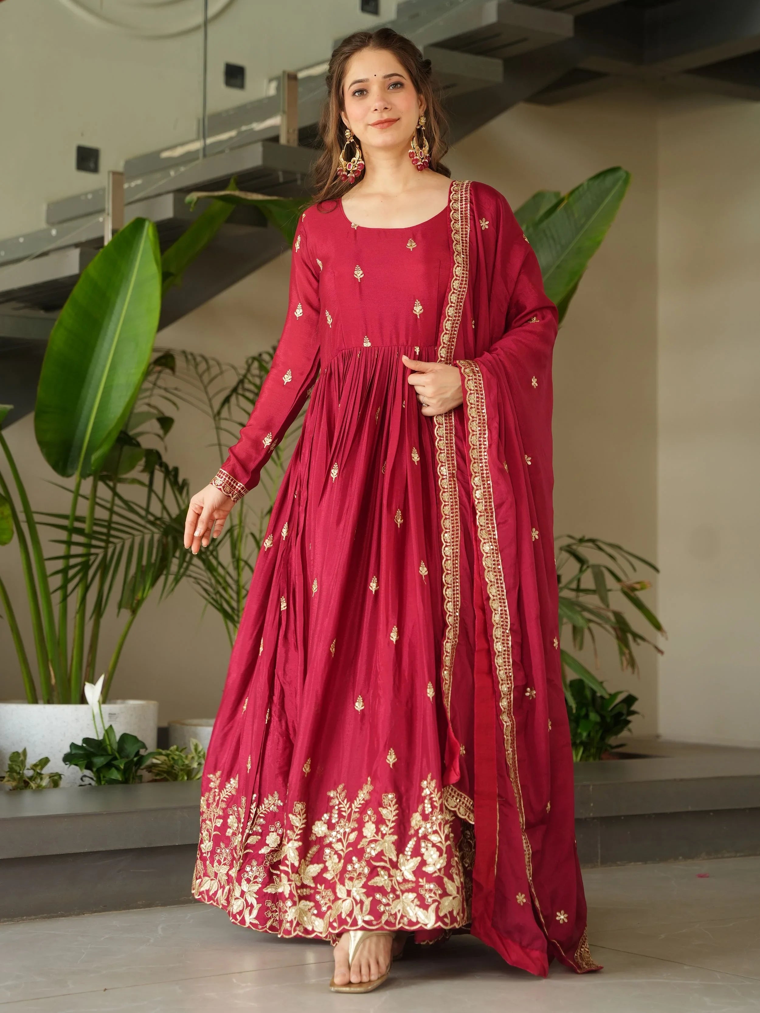Red Chinon Sequins Work Function Wear Gown With Dupatta