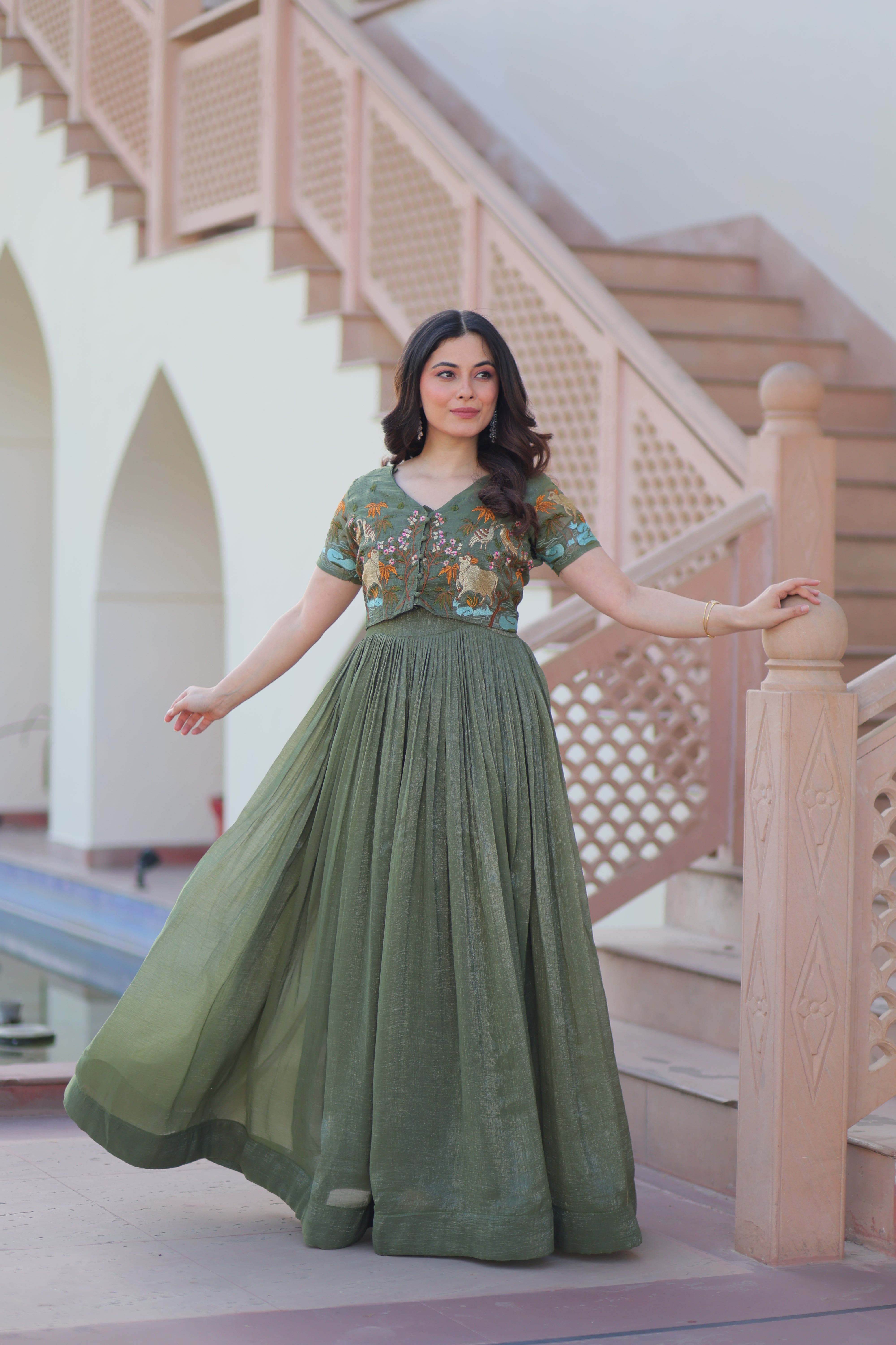 Organza Embroidered Traditional Gown With Koti