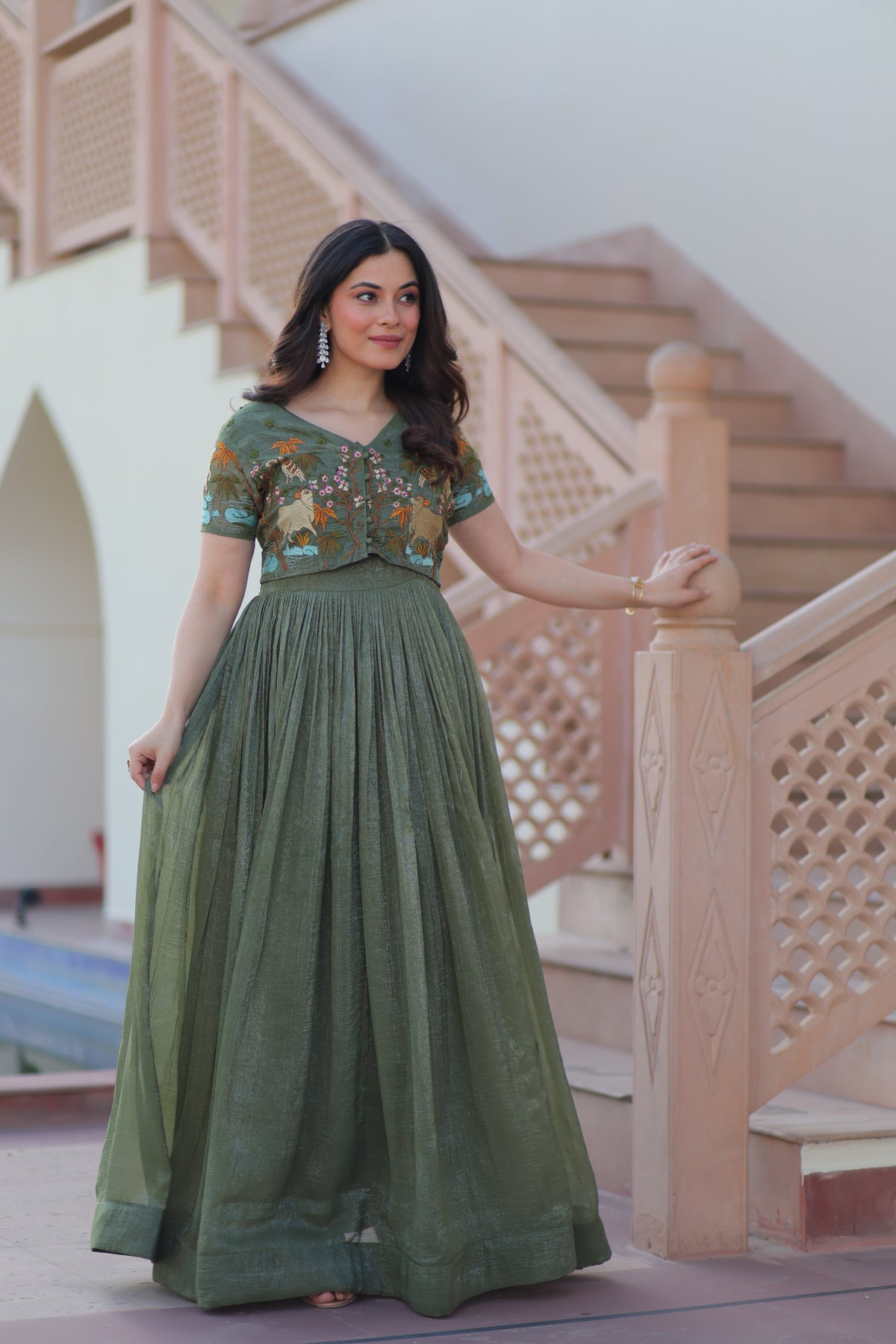 Organza Embroidered Traditional Gown With Koti