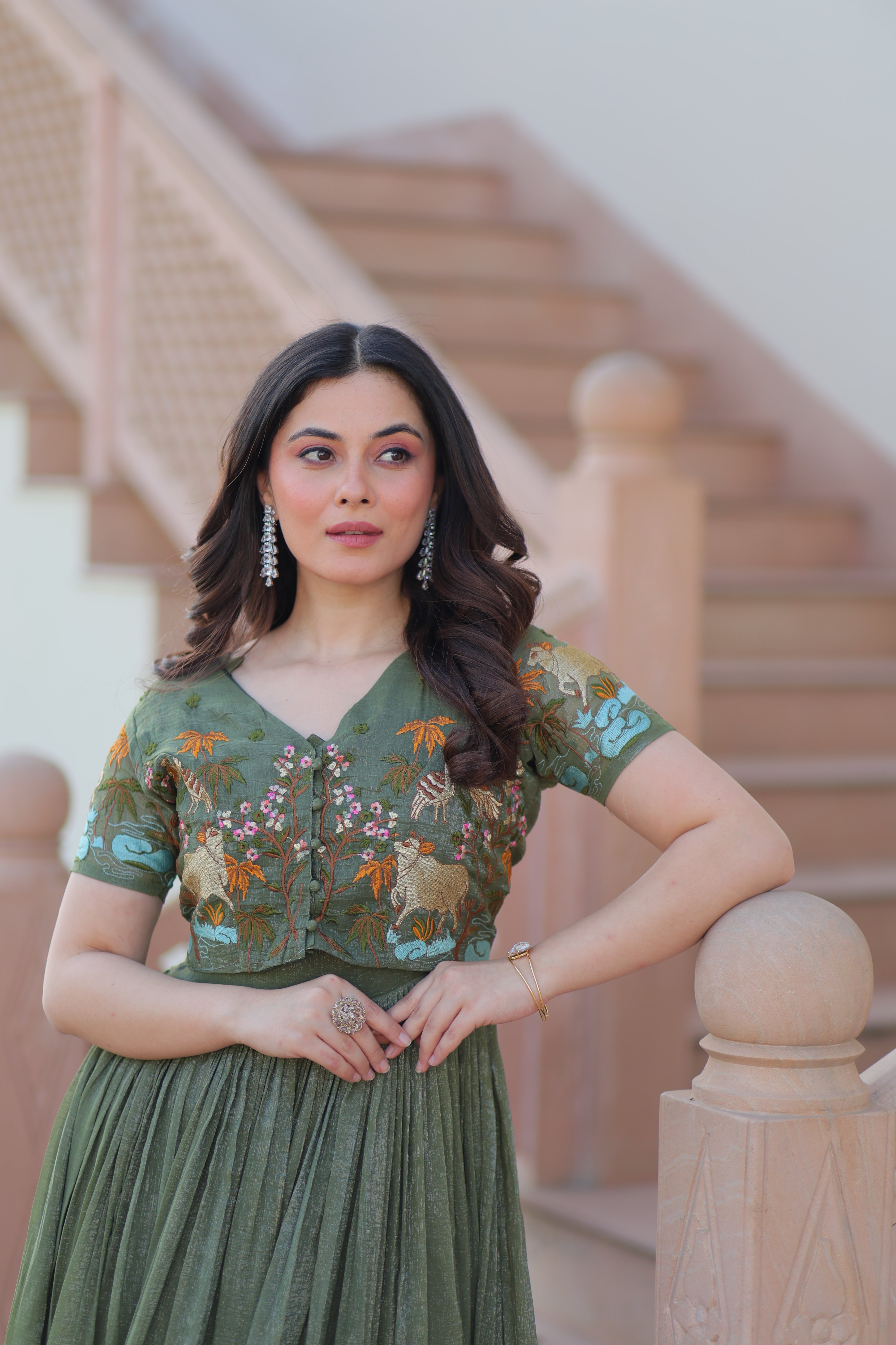 Organza Embroidered Traditional Gown With Koti
