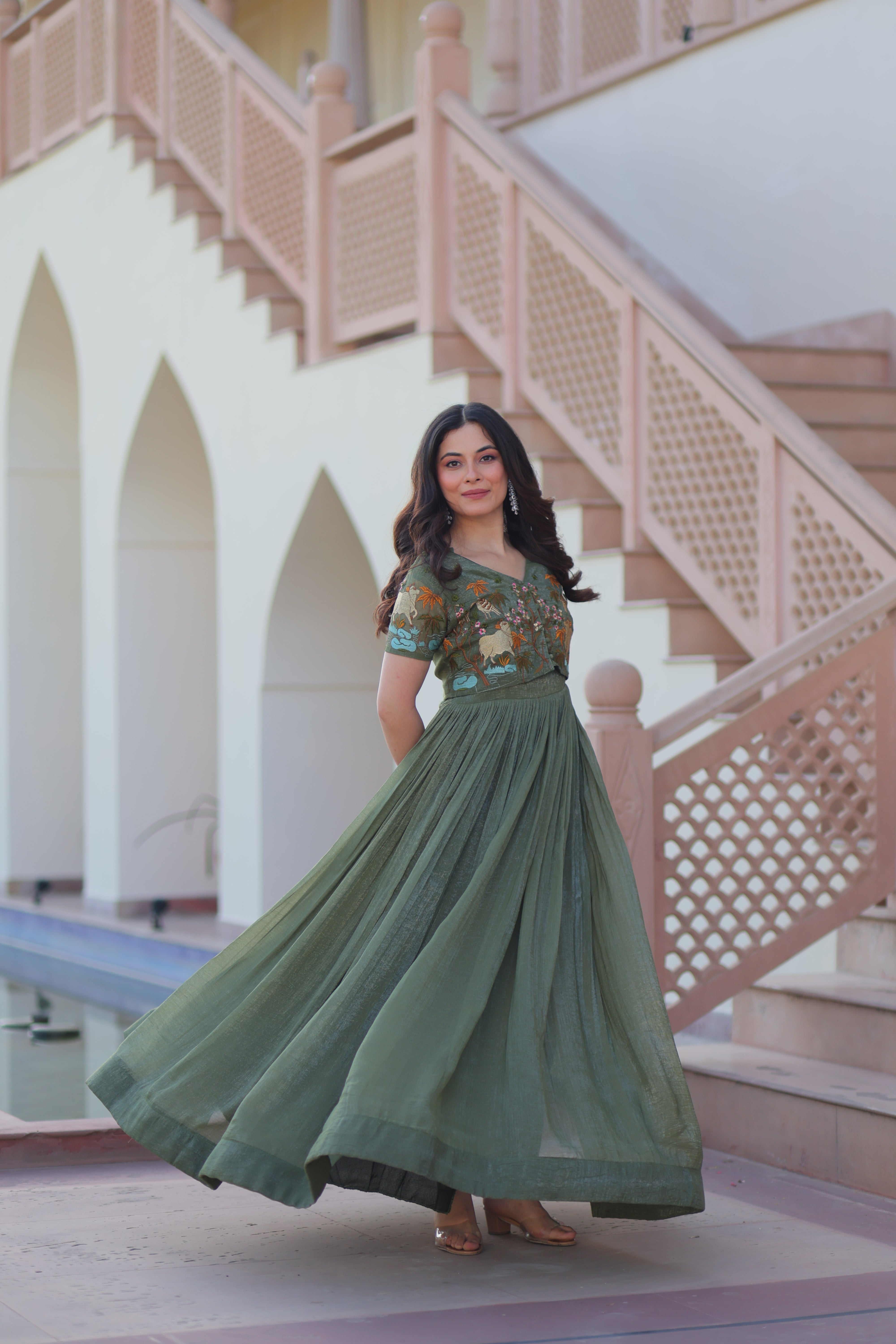 Organza Embroidered Traditional Gown With Koti