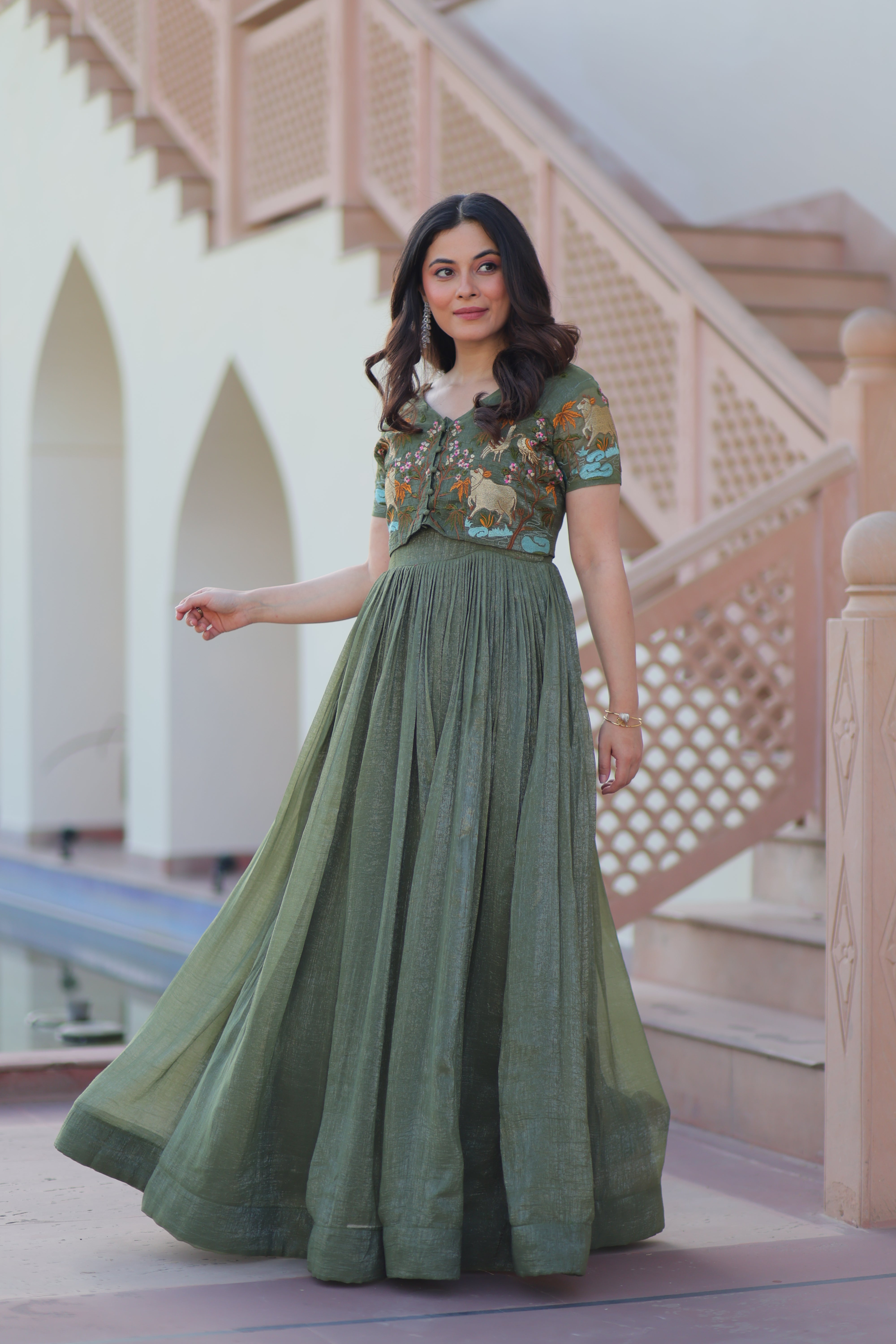 Organza Embroidered Traditional Gown With Koti
