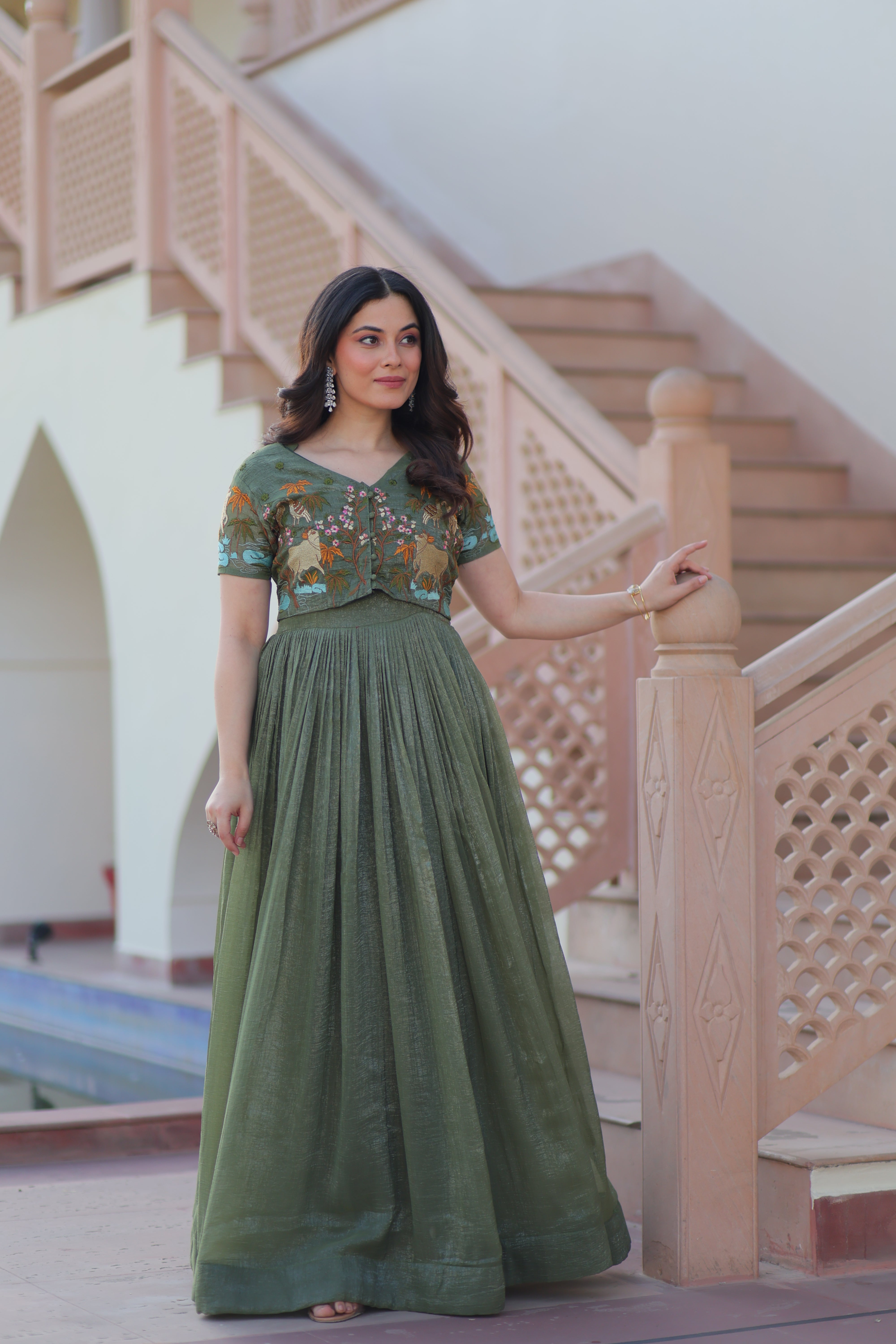Organza Embroidered Traditional Gown With Koti