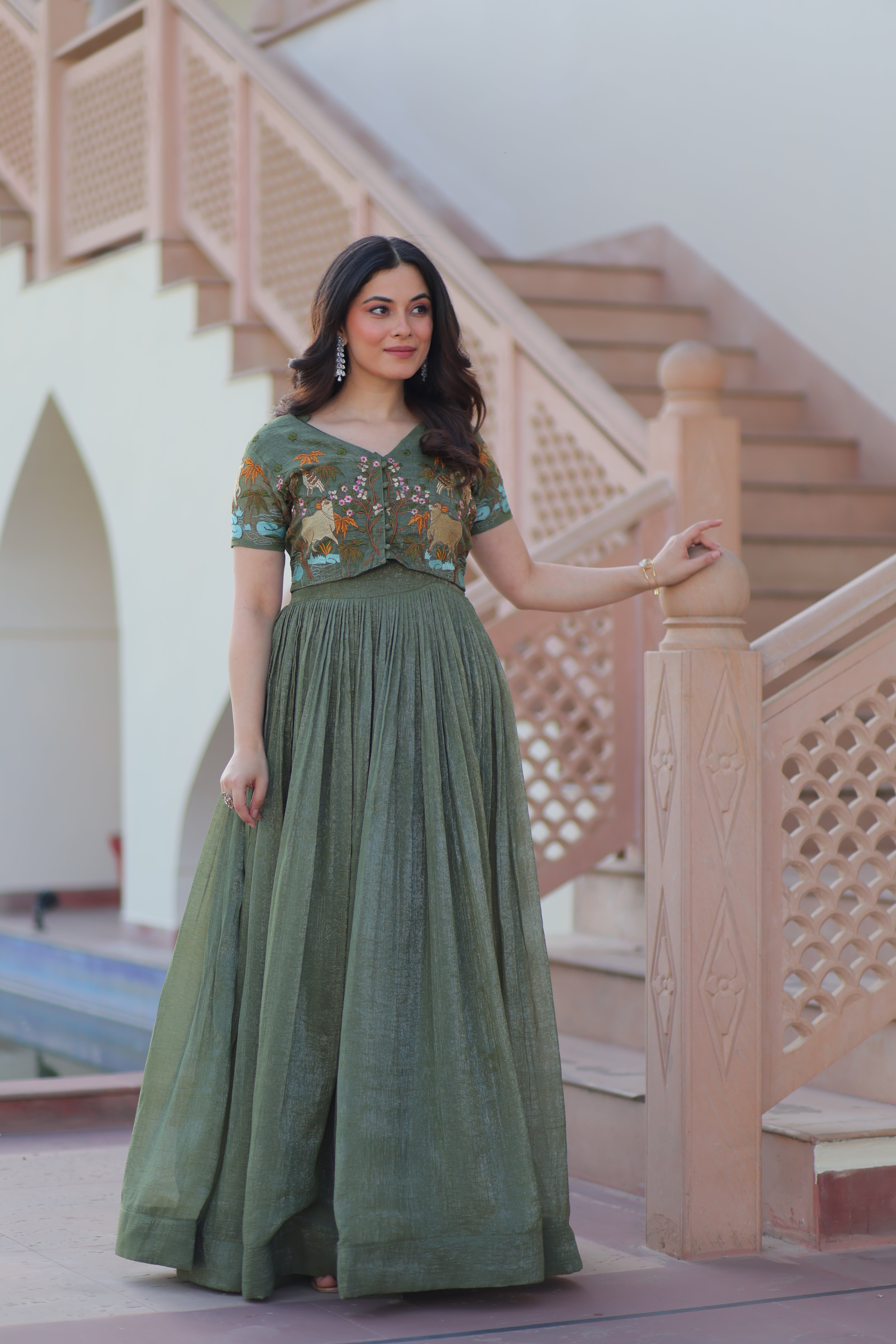 Organza Embroidered Traditional Gown With Koti