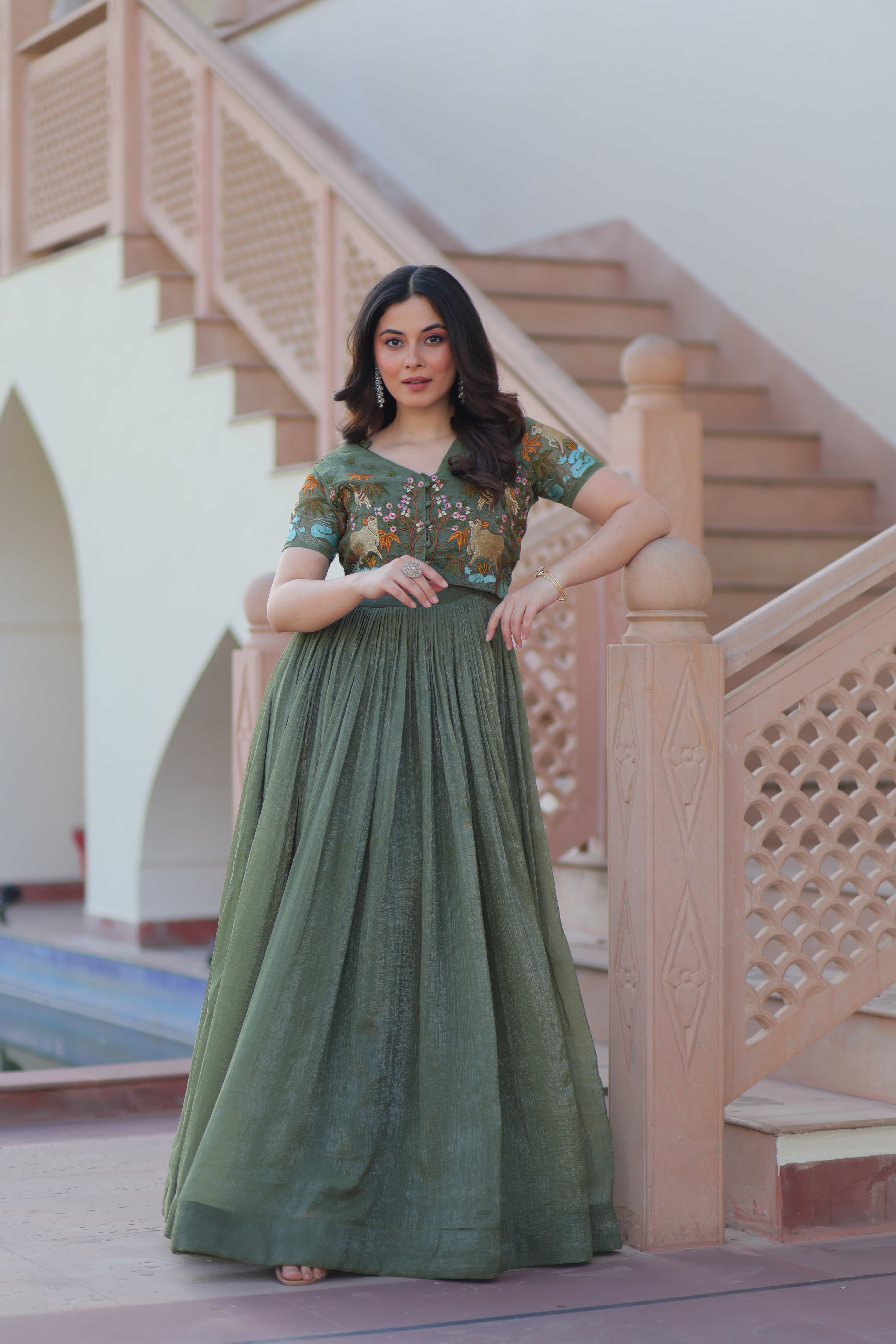Organza Embroidered Traditional Gown With Koti