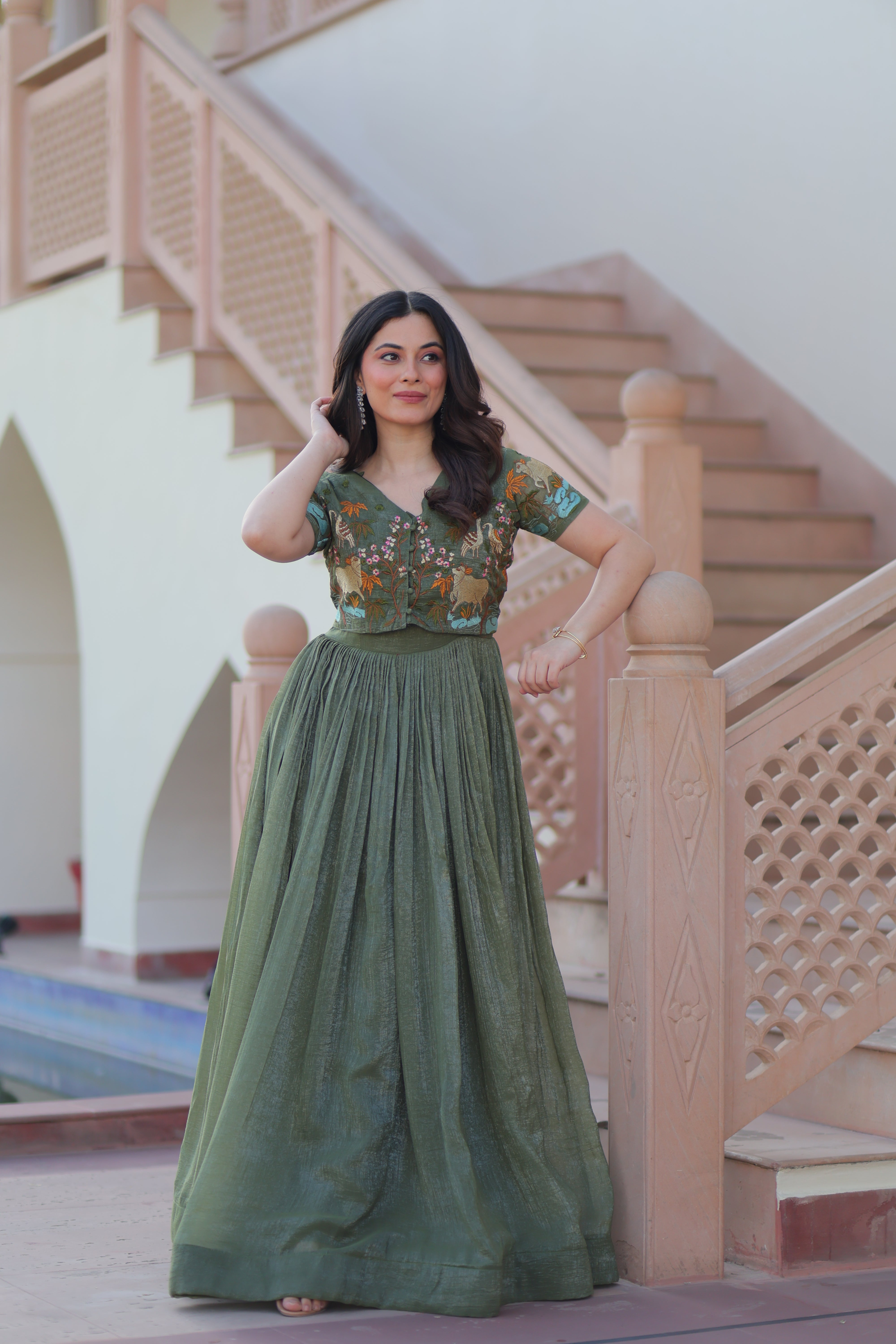 Organza Embroidered Traditional Gown With Koti