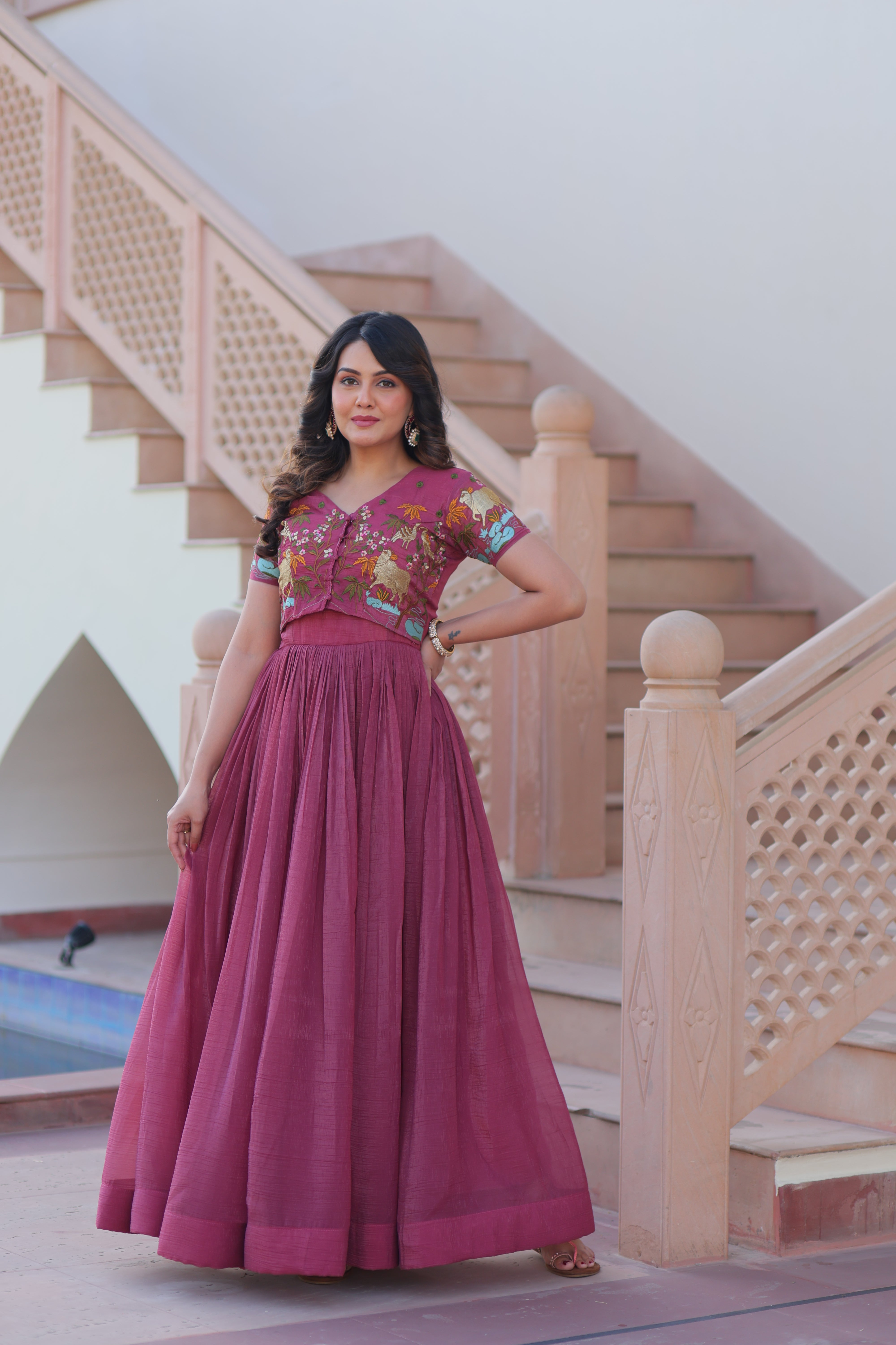 Organza Embroidered Traditional Gown With Koti