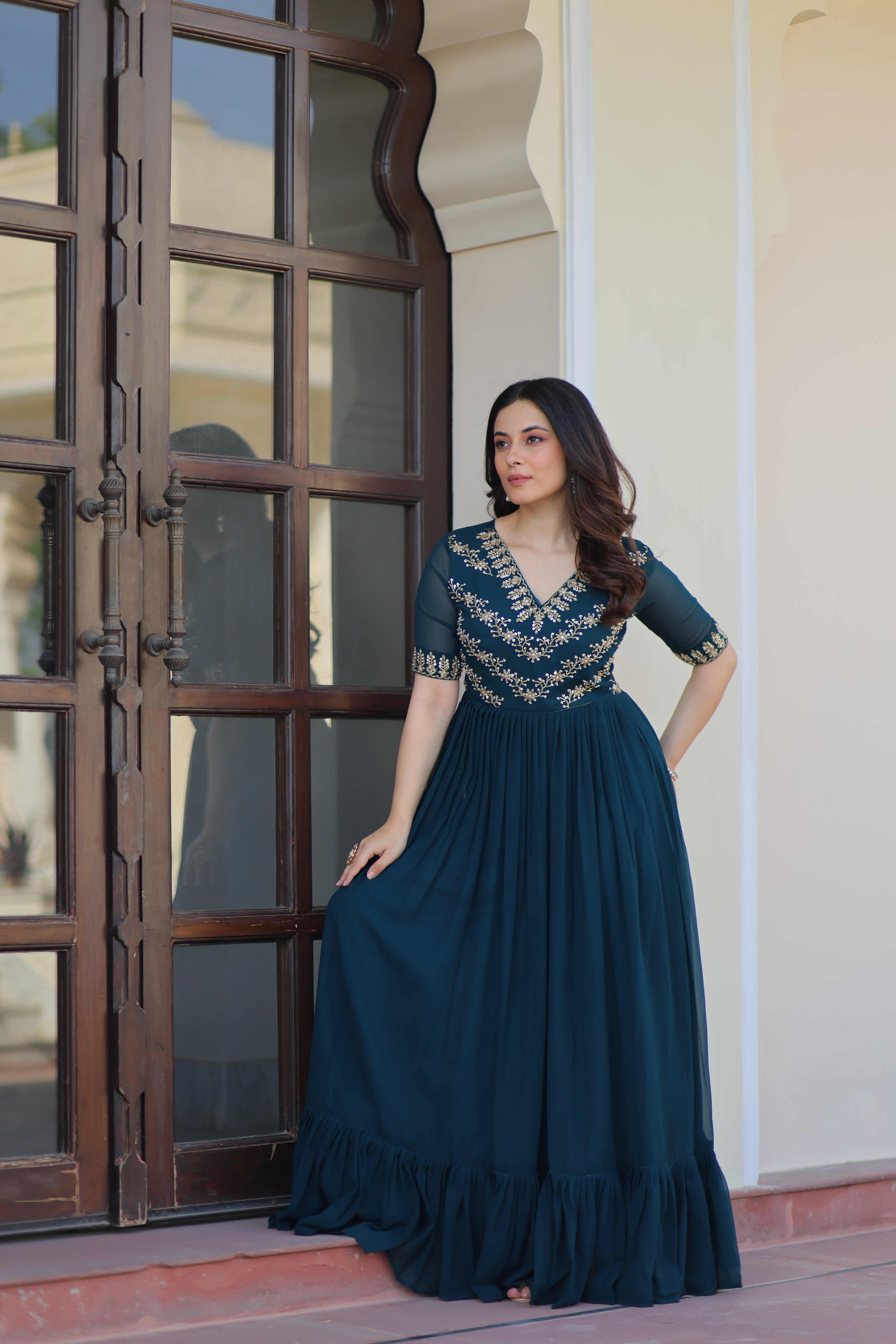 Georgette Beads Work Festival Wear Gown for Women