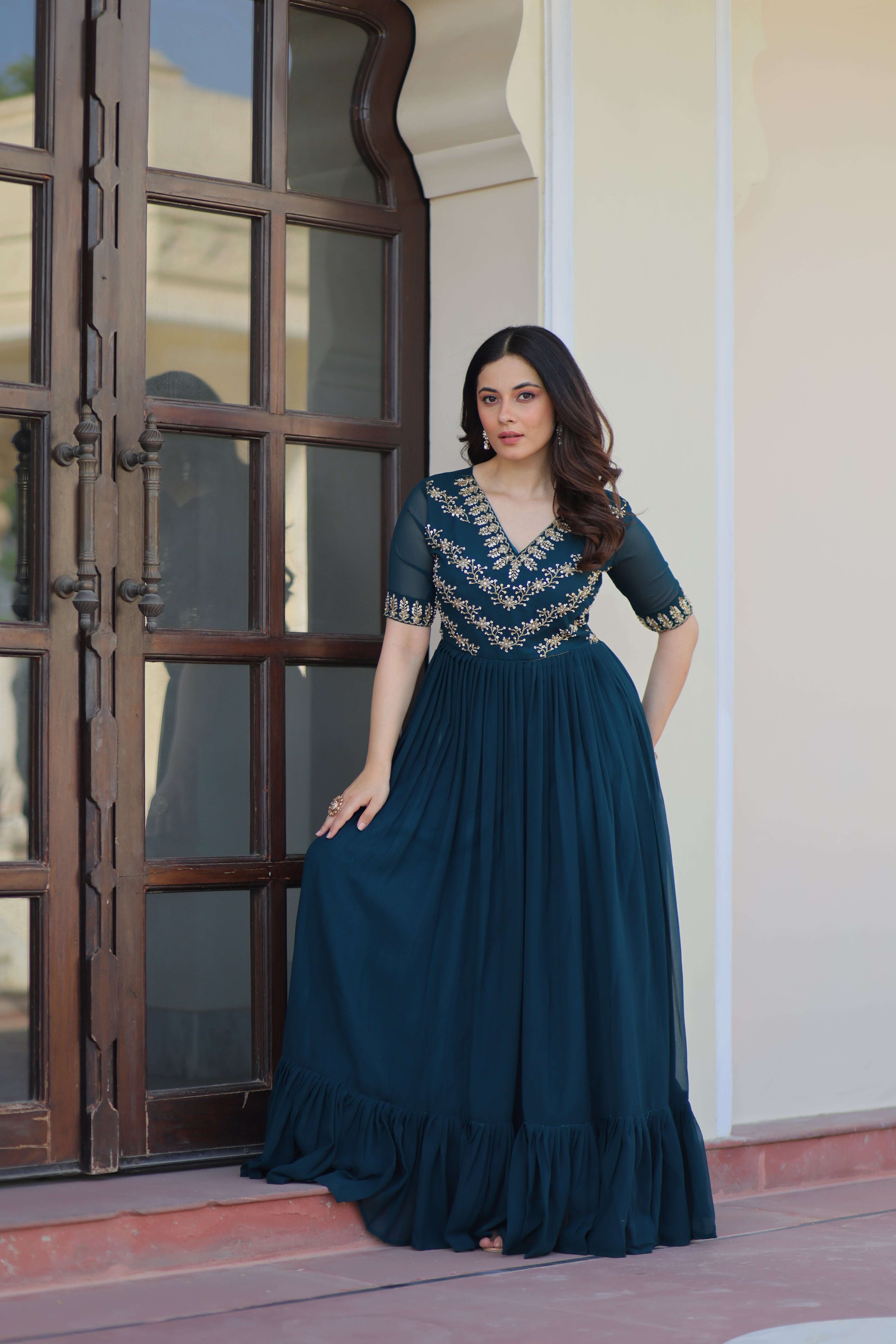 Georgette Beads Work Festival Wear Gown for Women