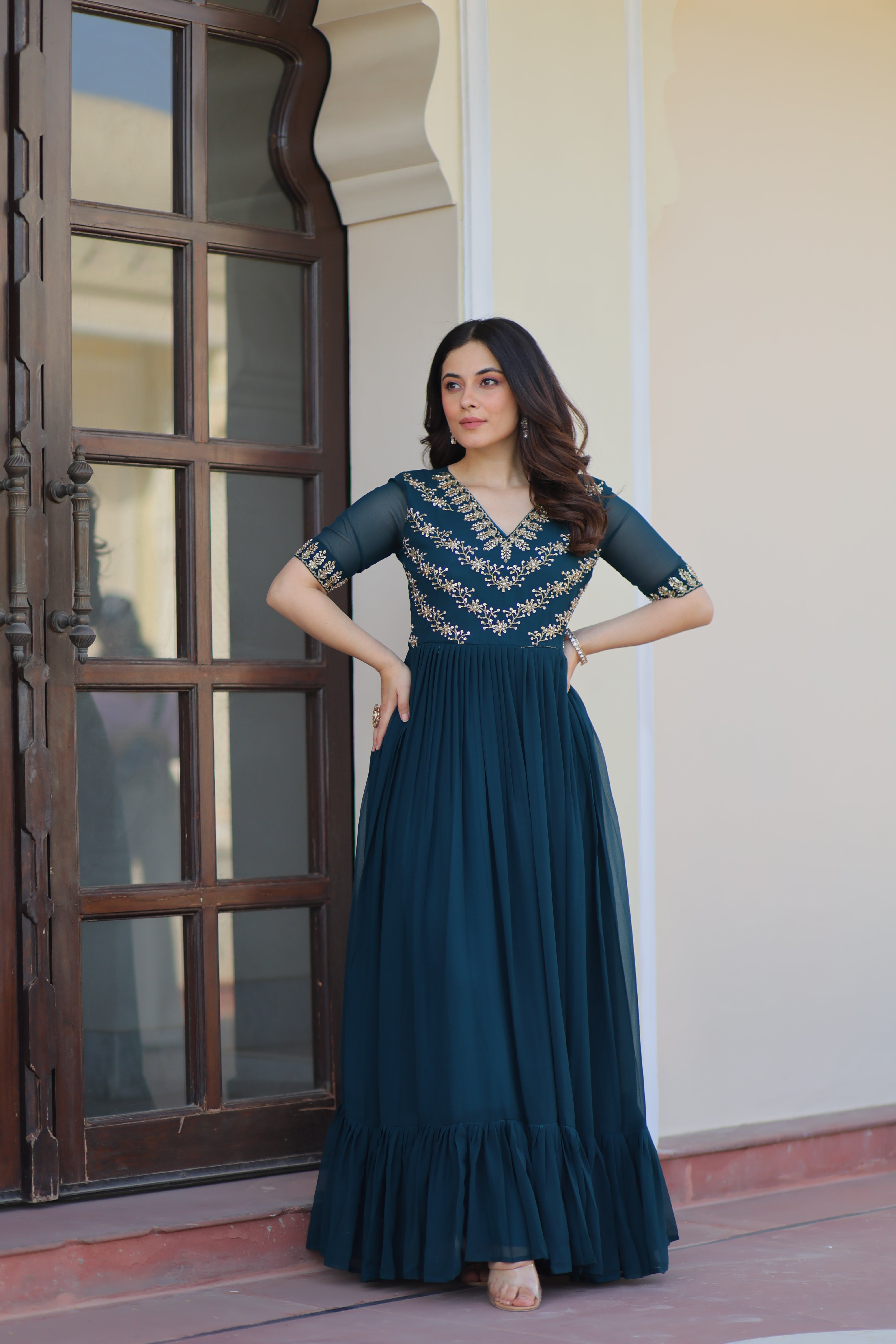 Georgette Beads Work Festival Wear Gown for Women