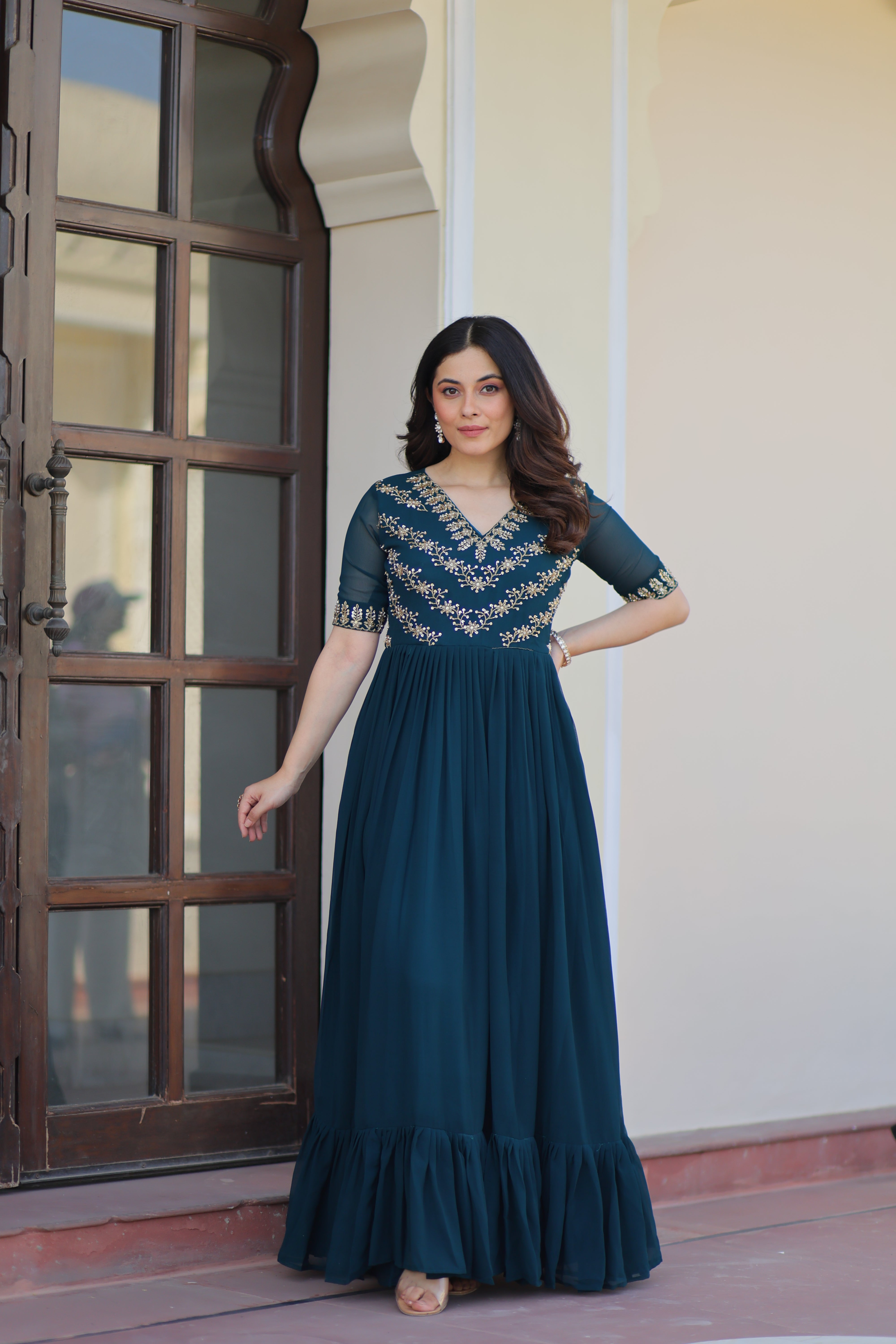 Georgette Beads Work Festival Wear Gown for Women