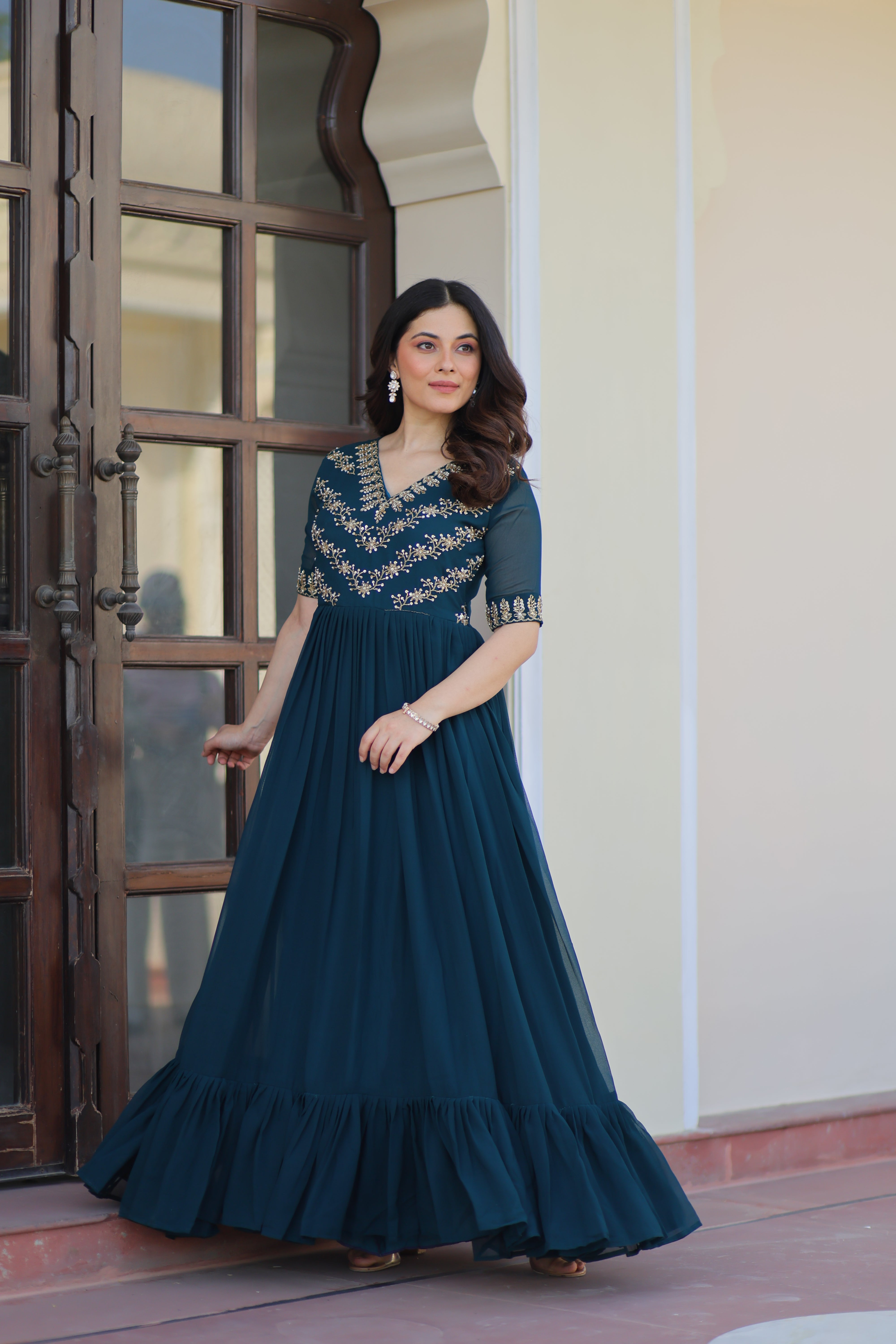 Georgette Beads Work Festival Wear Gown for Women