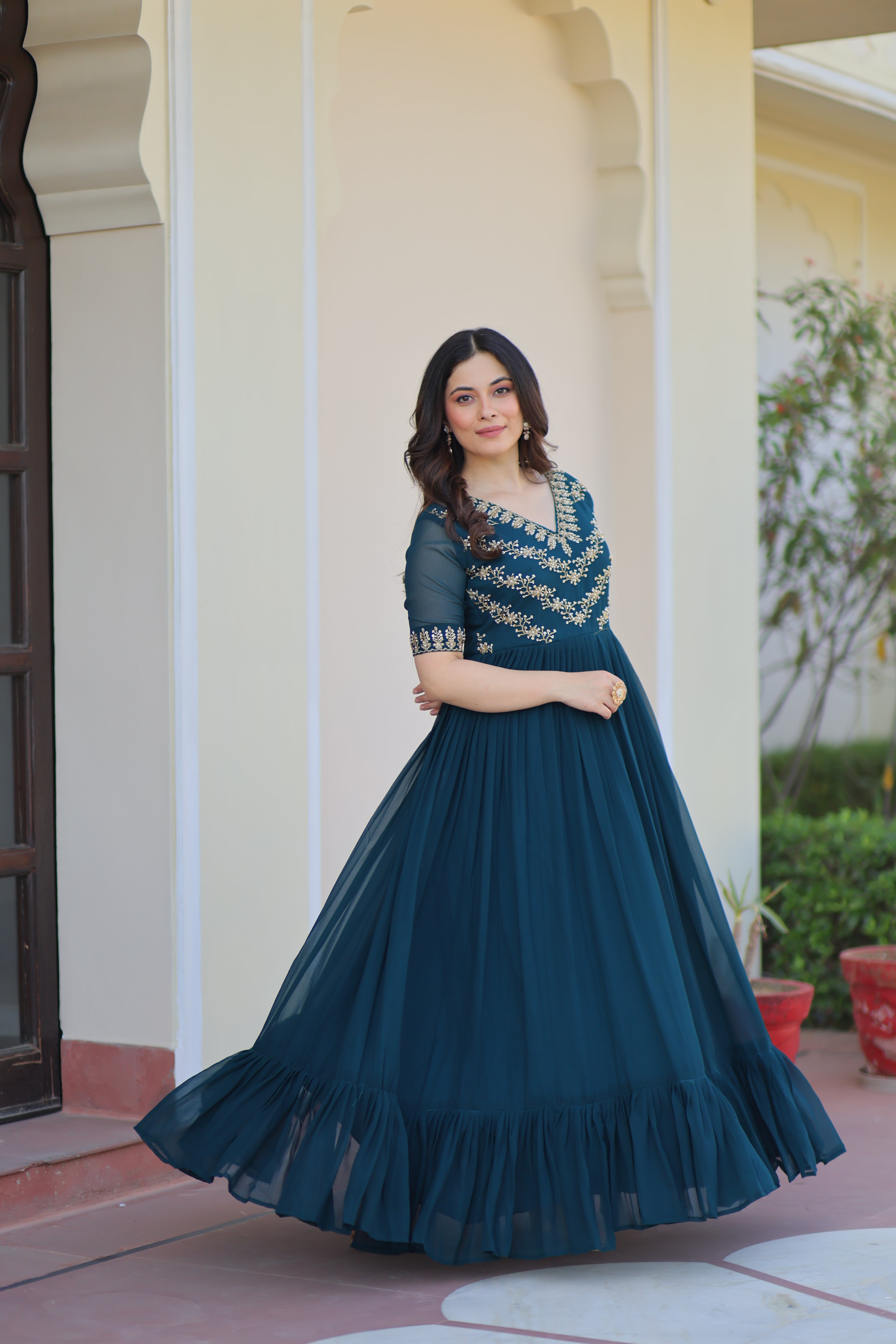 Georgette Beads Work Festival Wear Gown for Women