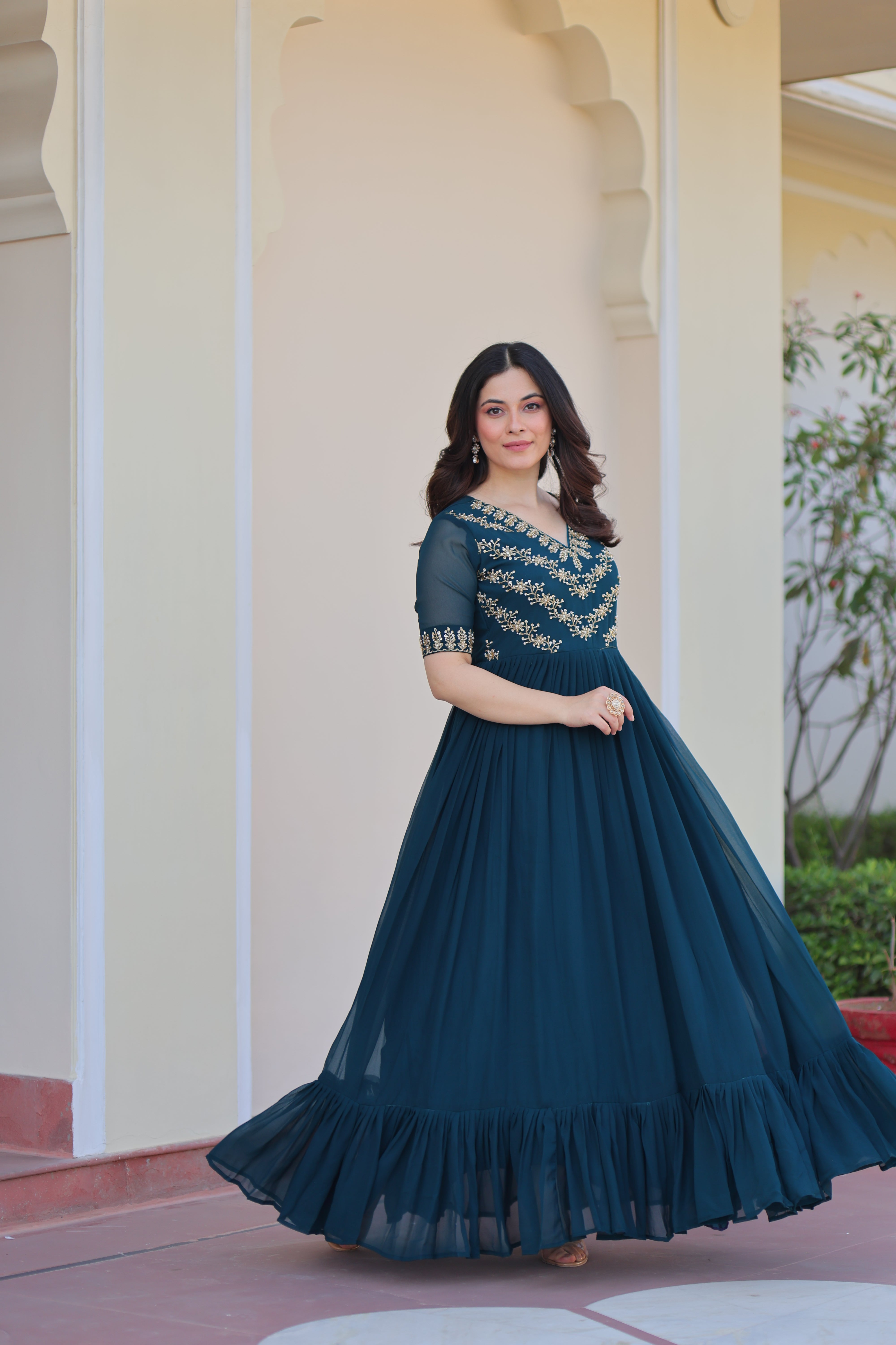Georgette Beads Work Festival Wear Gown for Women