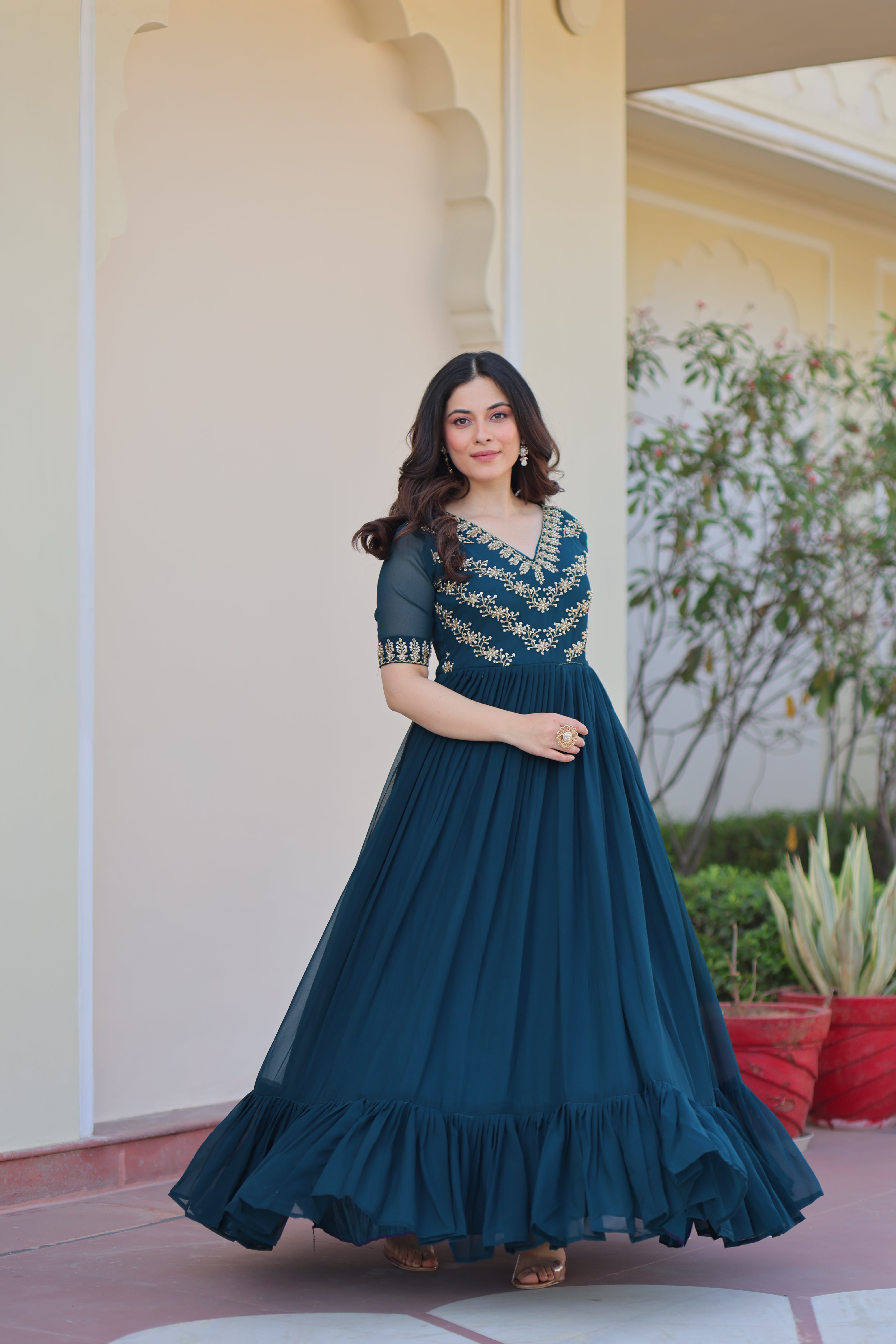 Georgette Beads Work Festival Wear Gown for Women