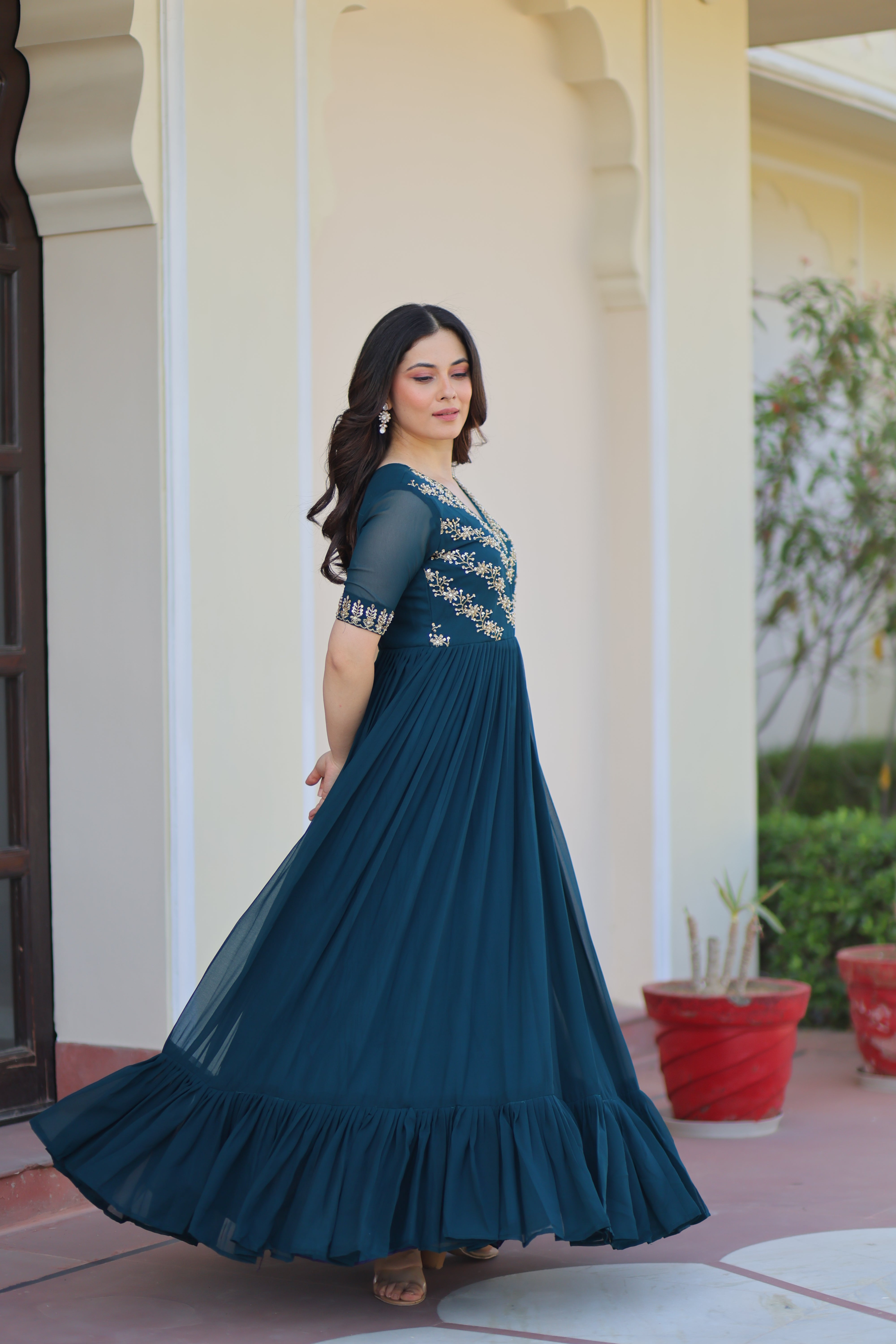 Georgette Beads Work Festival Wear Gown for Women