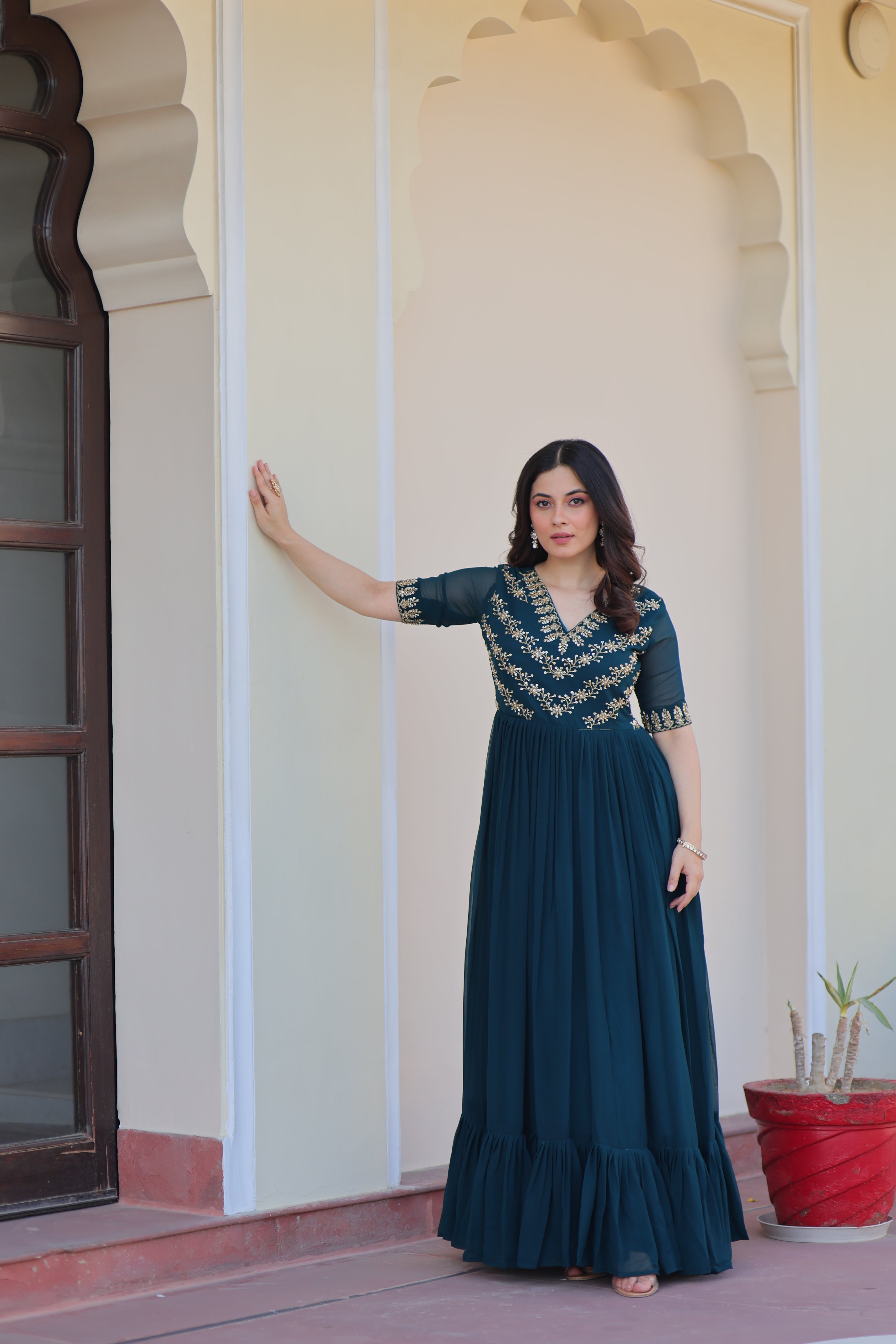 Georgette Beads Work Festival Wear Gown for Women