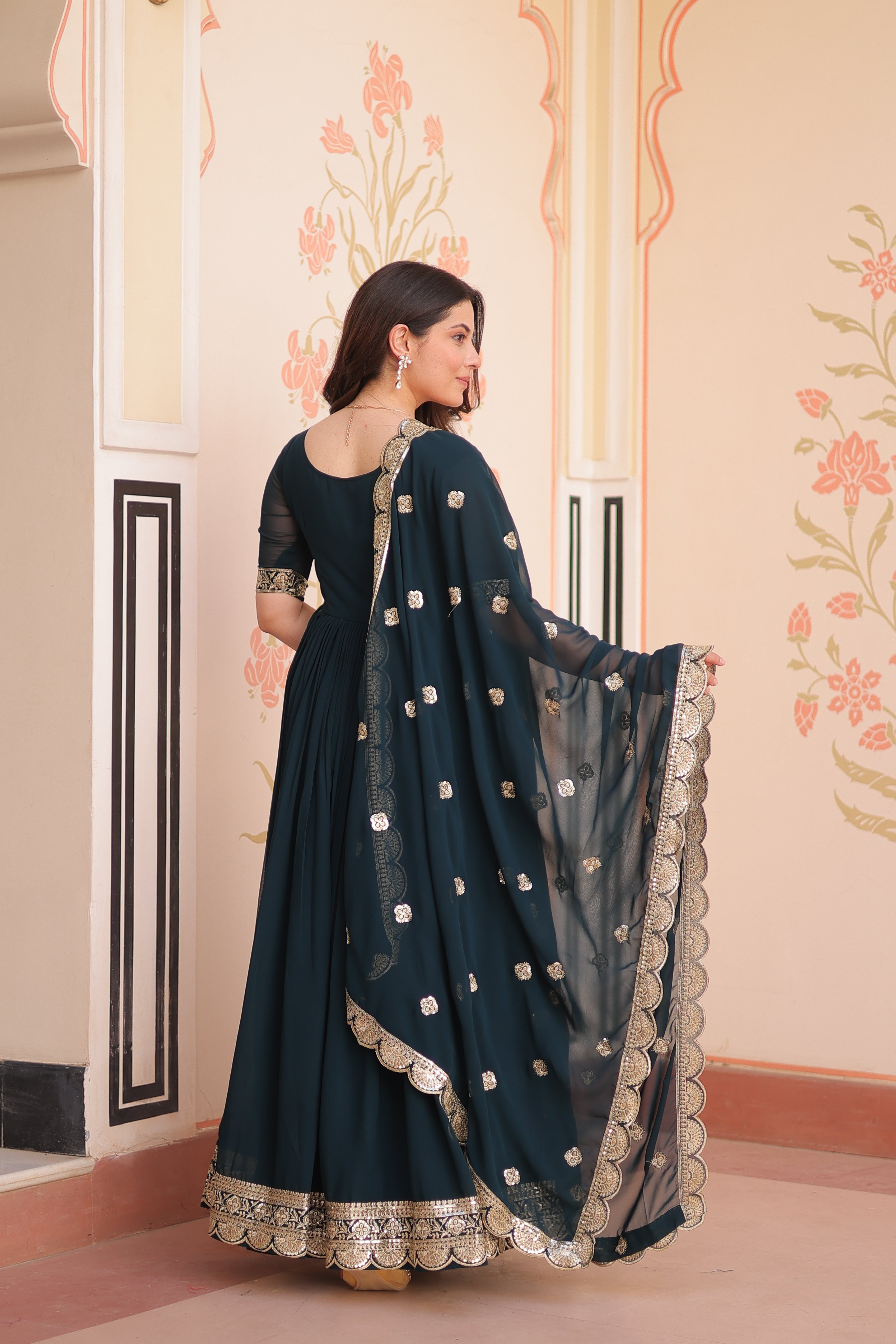Sequins Embroidered Traditional Indian Gown With Dupatta