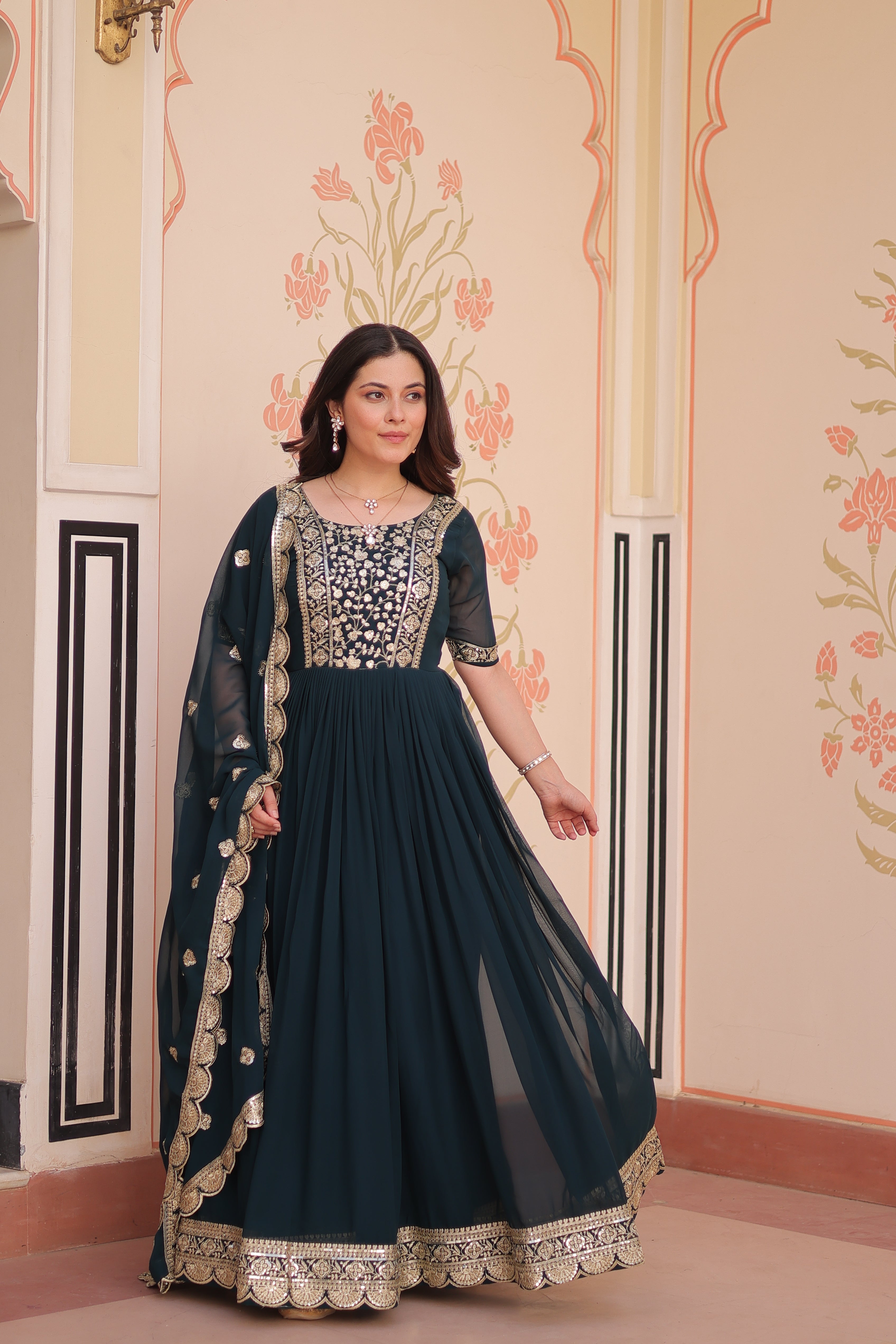 Sequins Embroidered Traditional Indian Gown With Dupatta