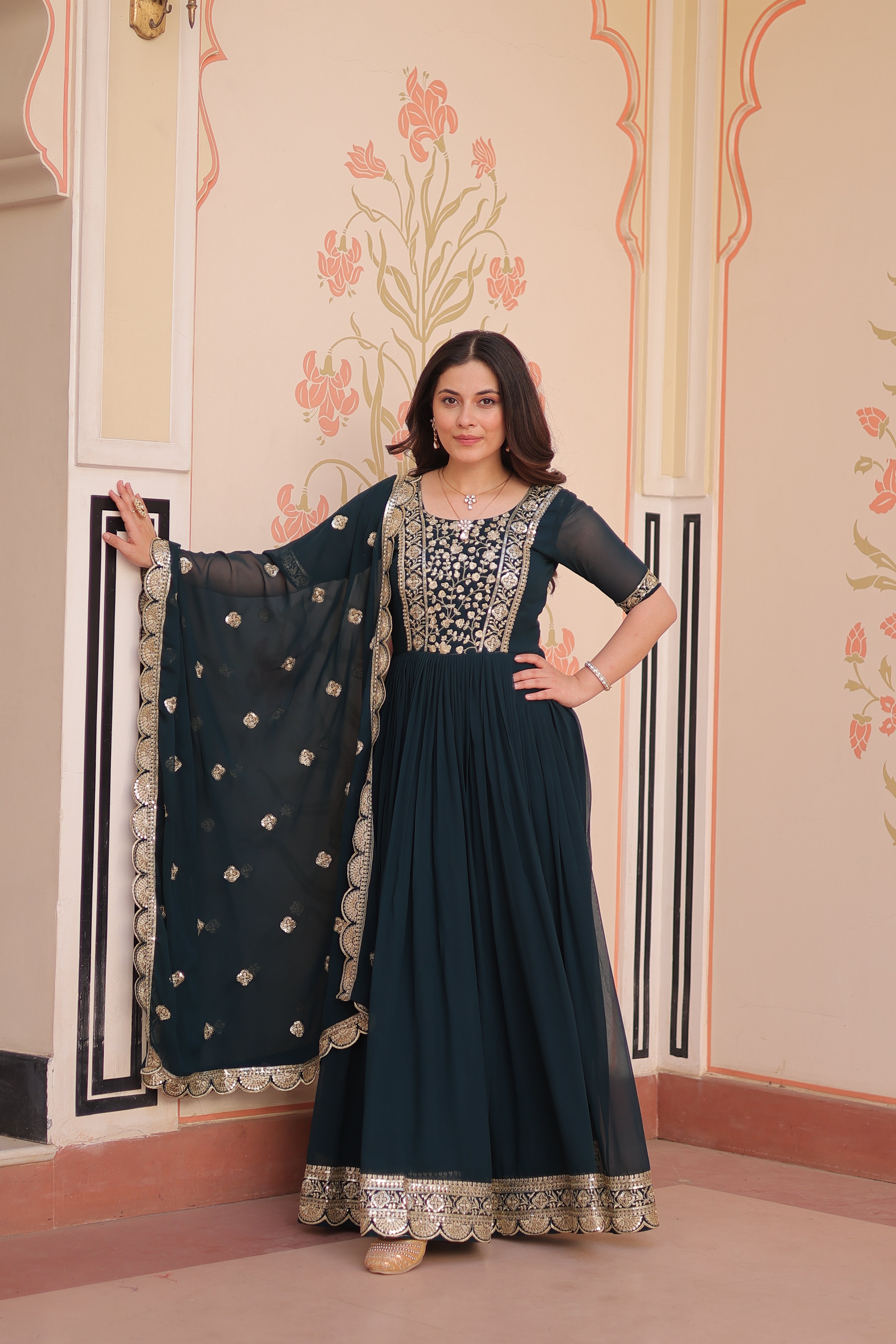 Sequins Embroidered Traditional Indian Gown With Dupatta