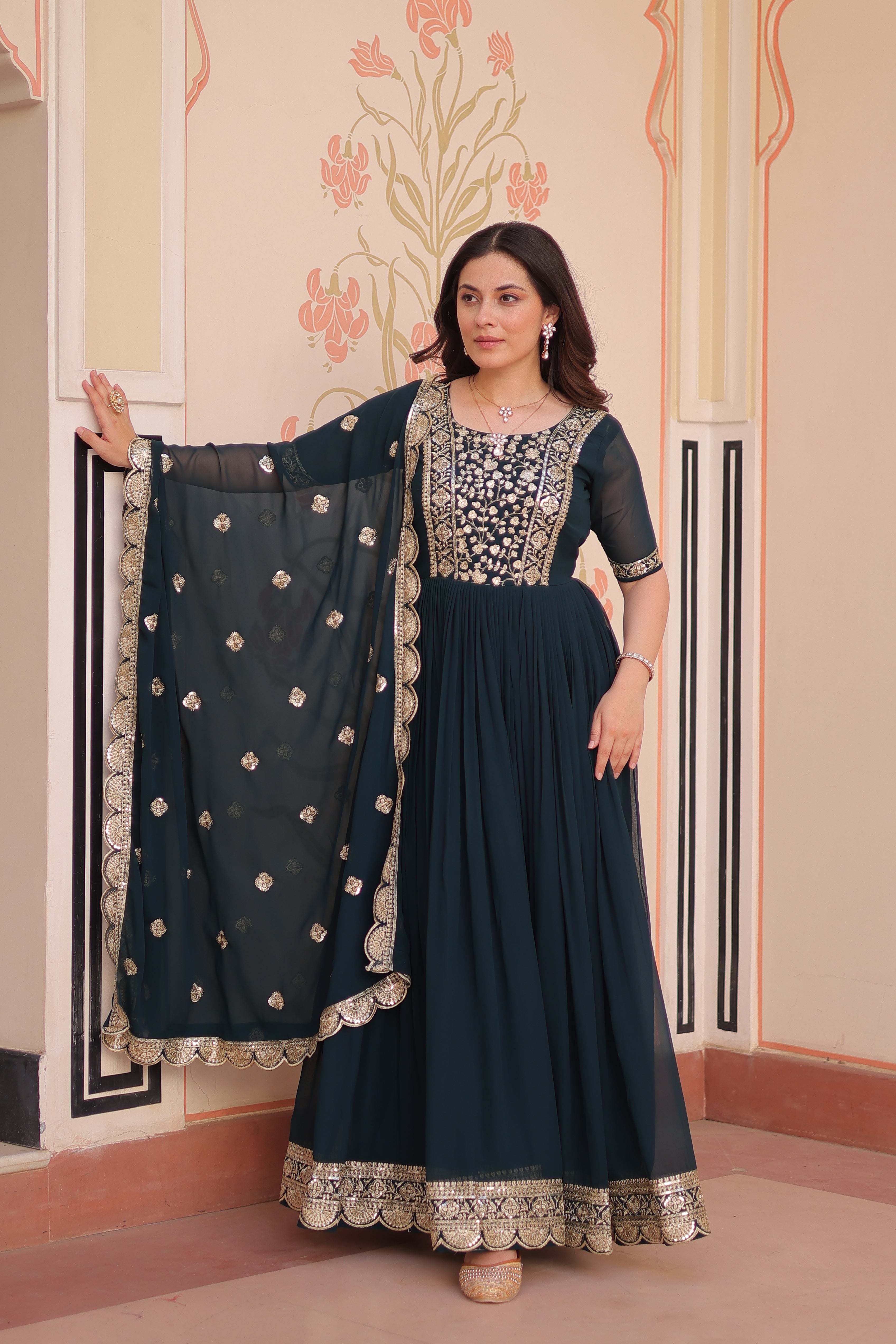 Sequins Embroidered Traditional Indian Gown With Dupatta