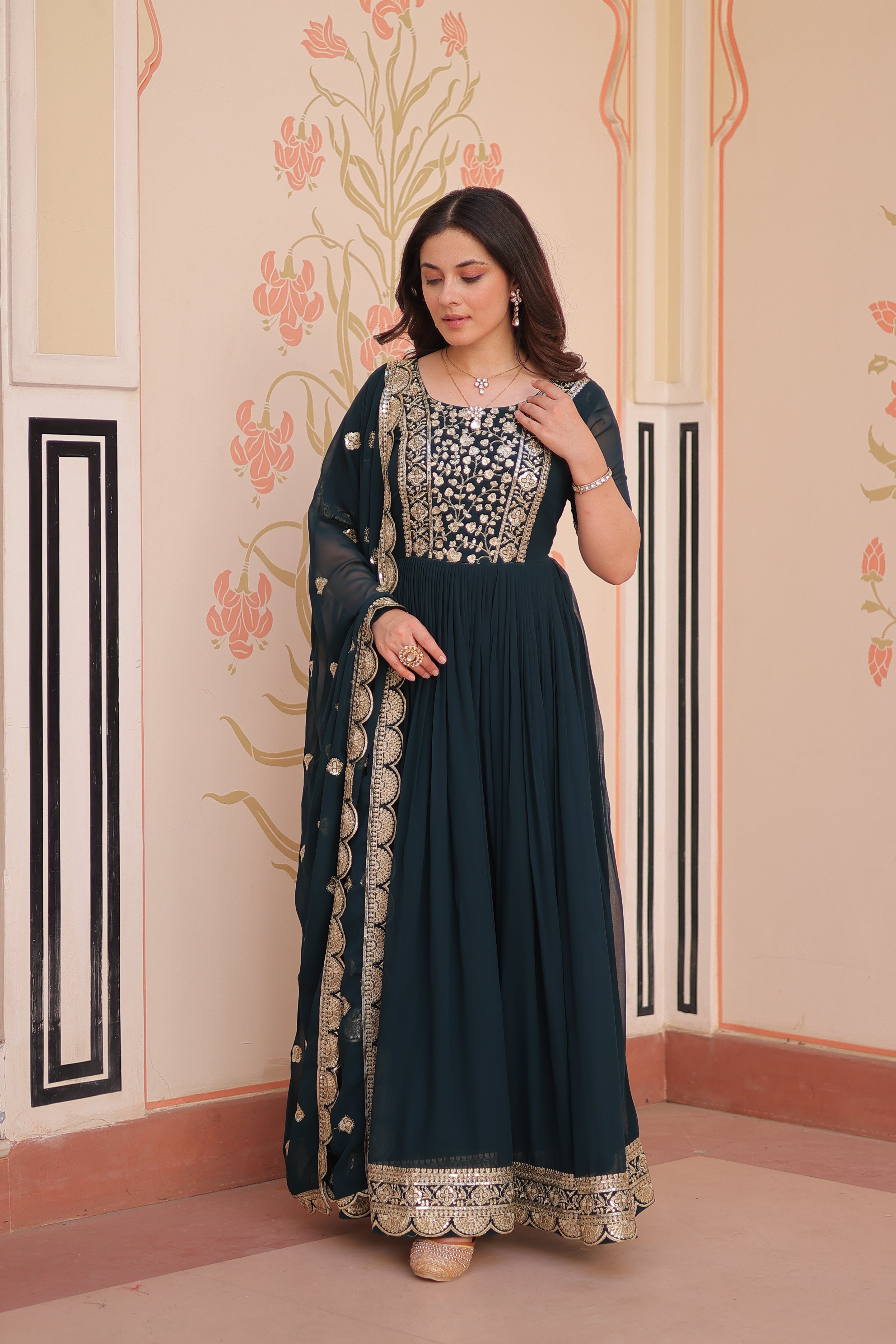 Sequins Embroidered Traditional Indian Gown With Dupatta