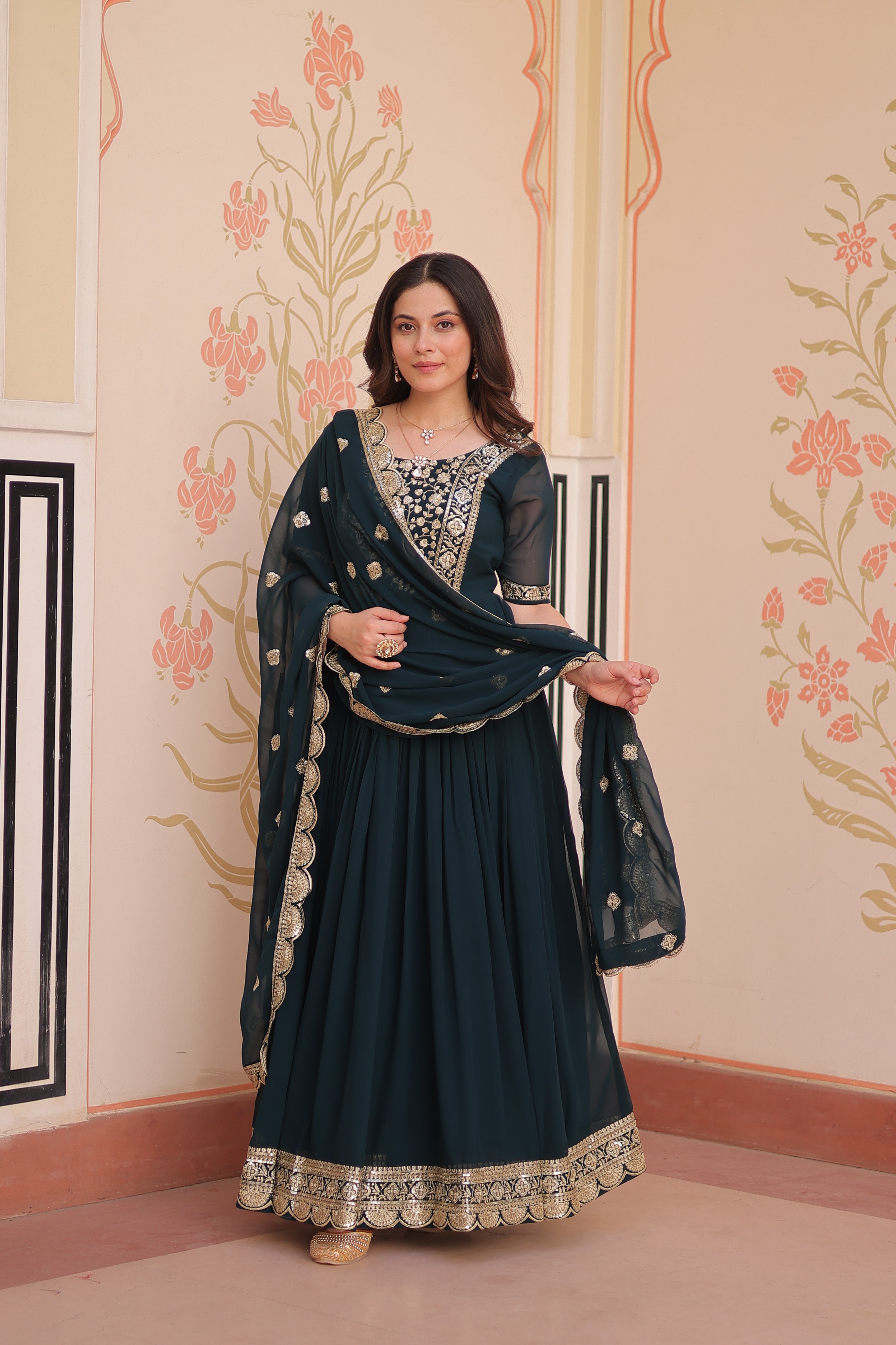 Sequins Embroidered Traditional Indian Gown With Dupatta