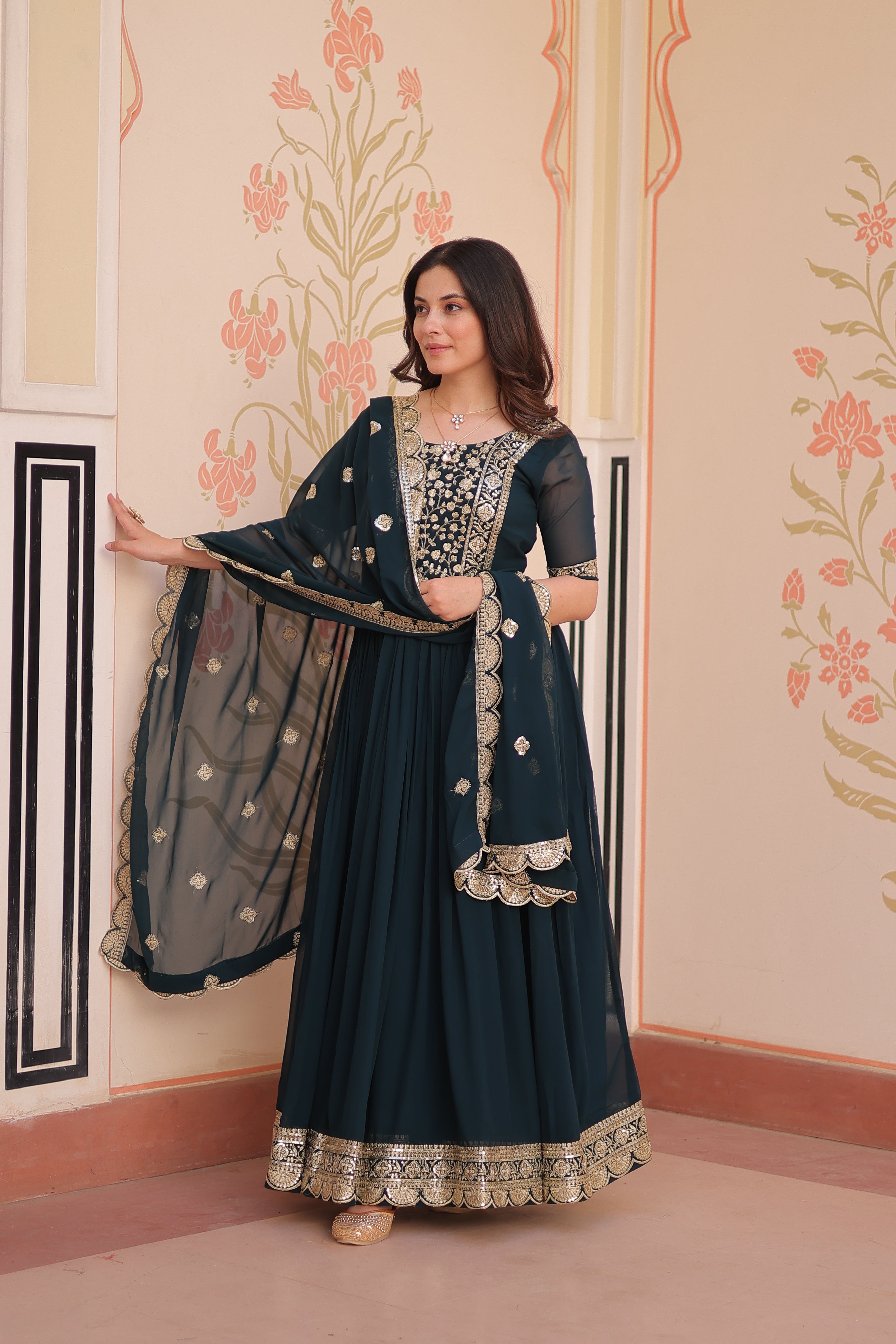 Sequins Embroidered Traditional Indian Gown With Dupatta