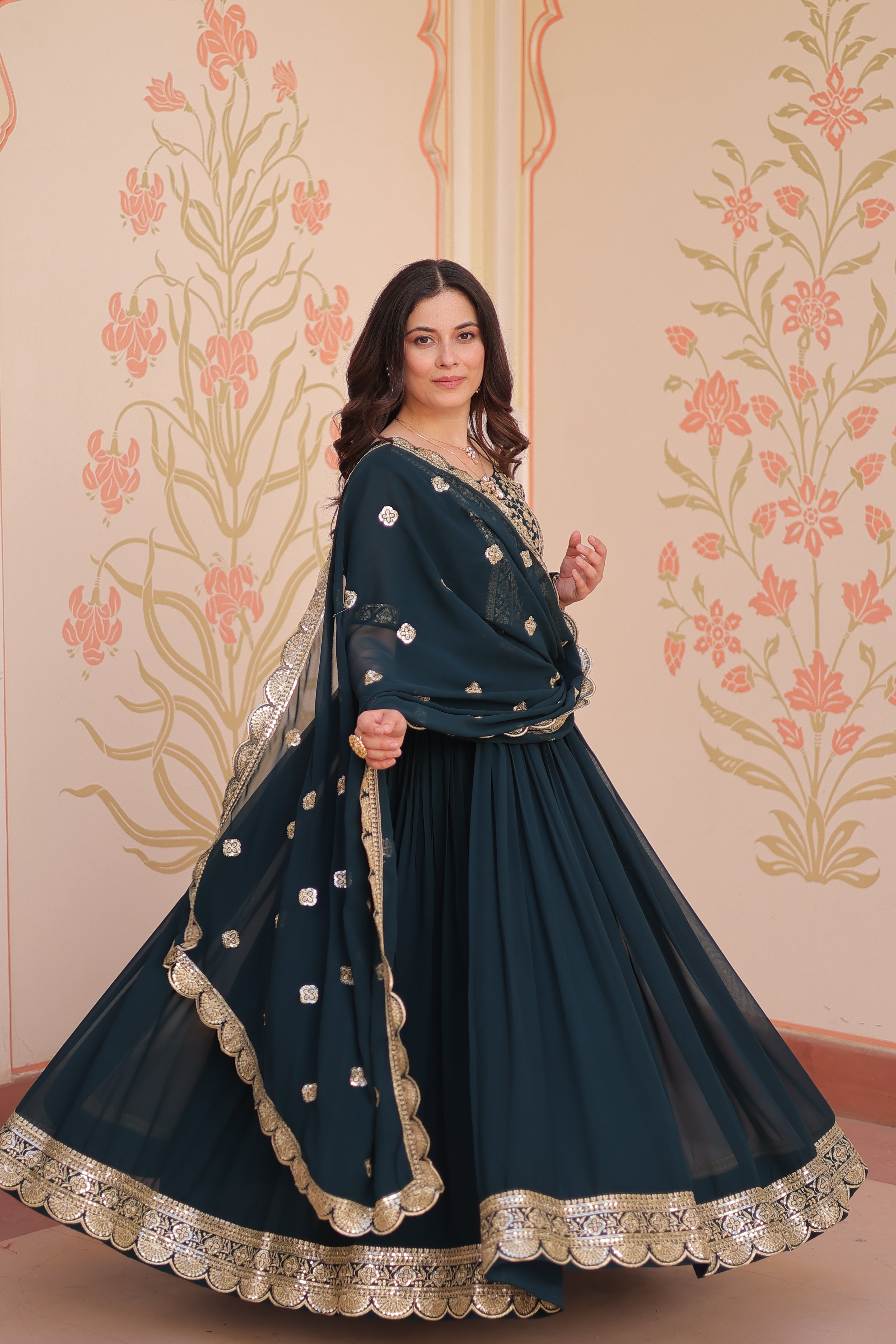 Sequins Embroidered Traditional Indian Gown With Dupatta
