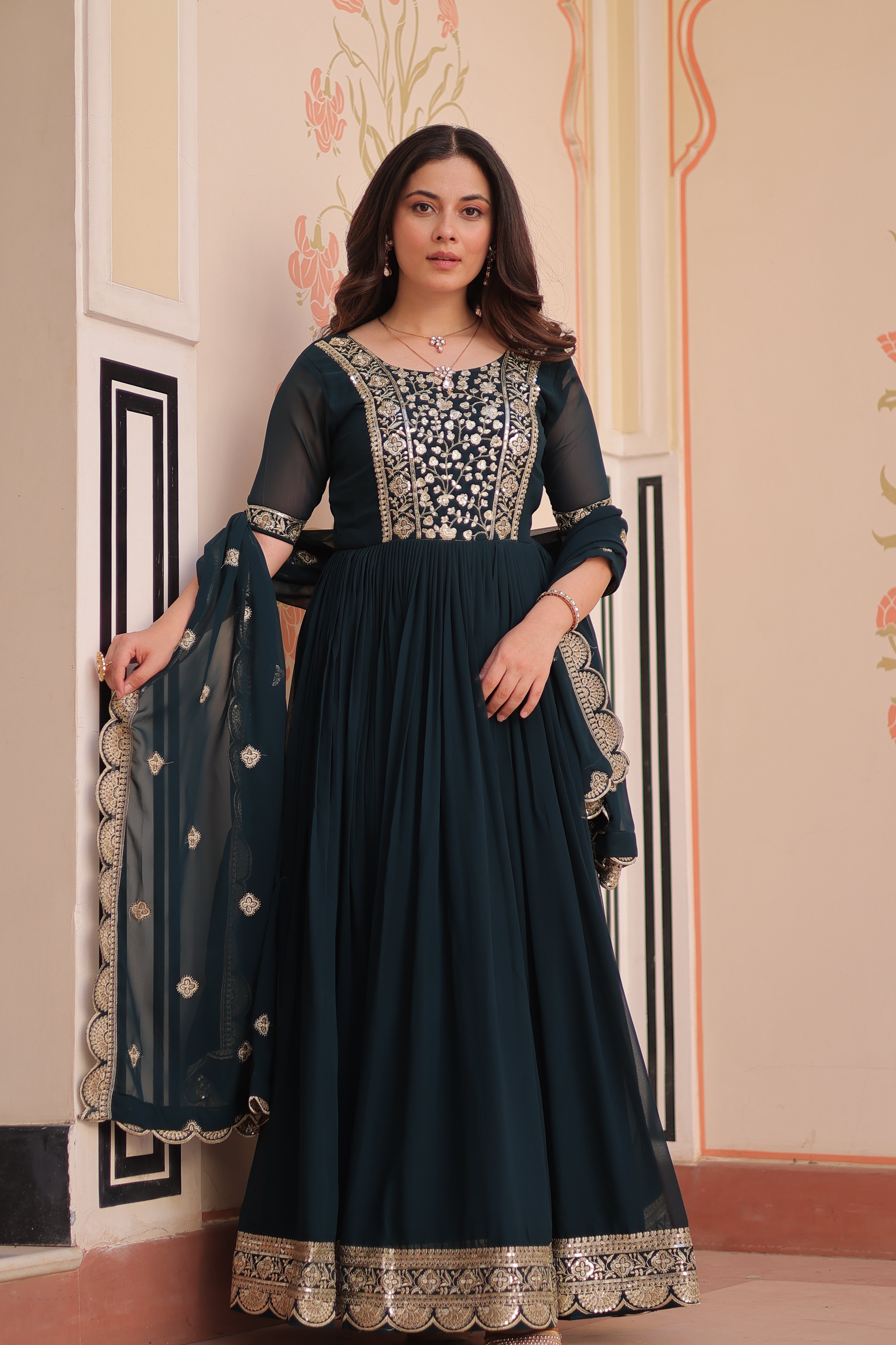 Sequins Embroidered Traditional Indian Gown With Dupatta