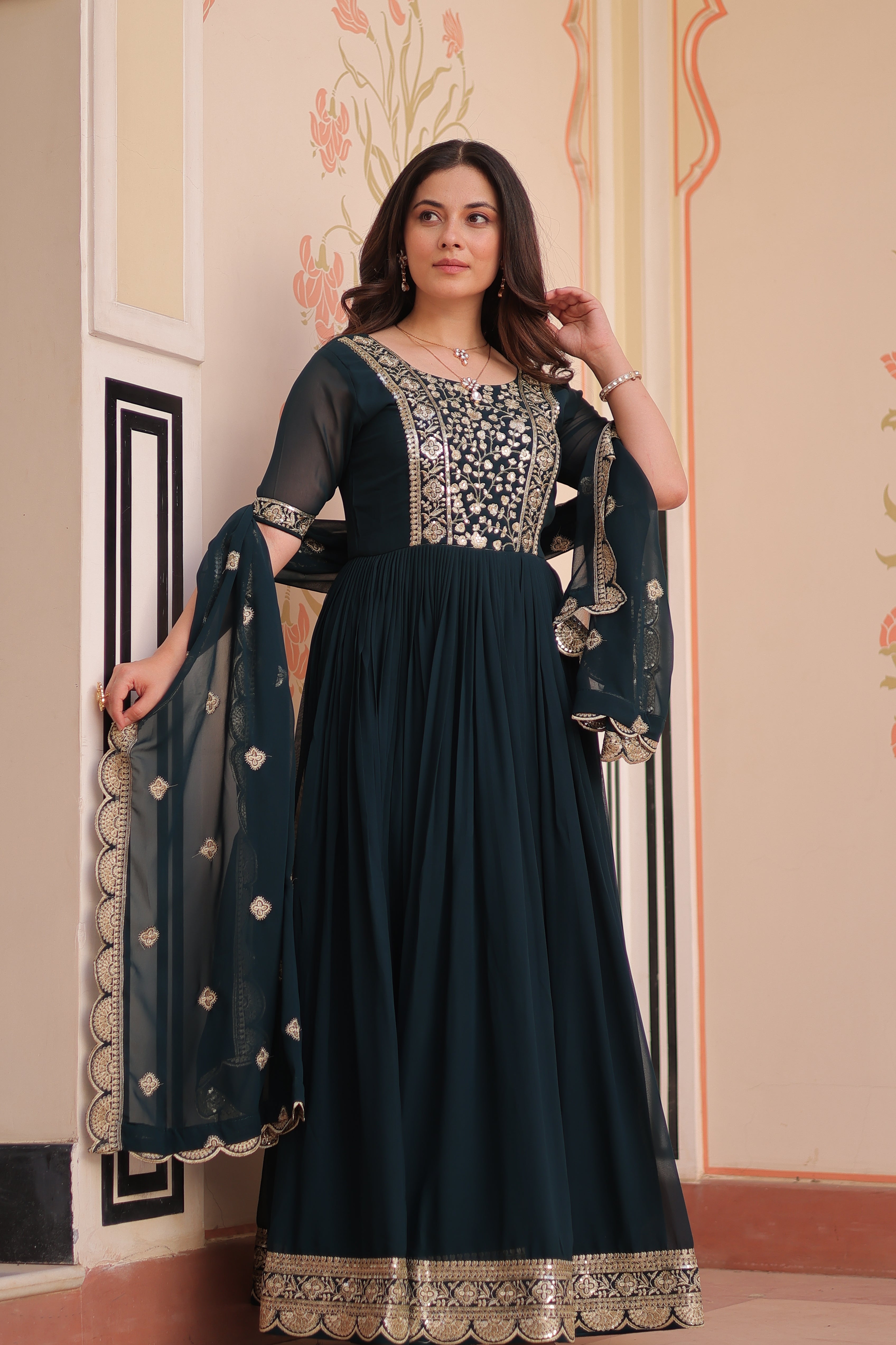 Sequins Embroidered Traditional Indian Gown With Dupatta