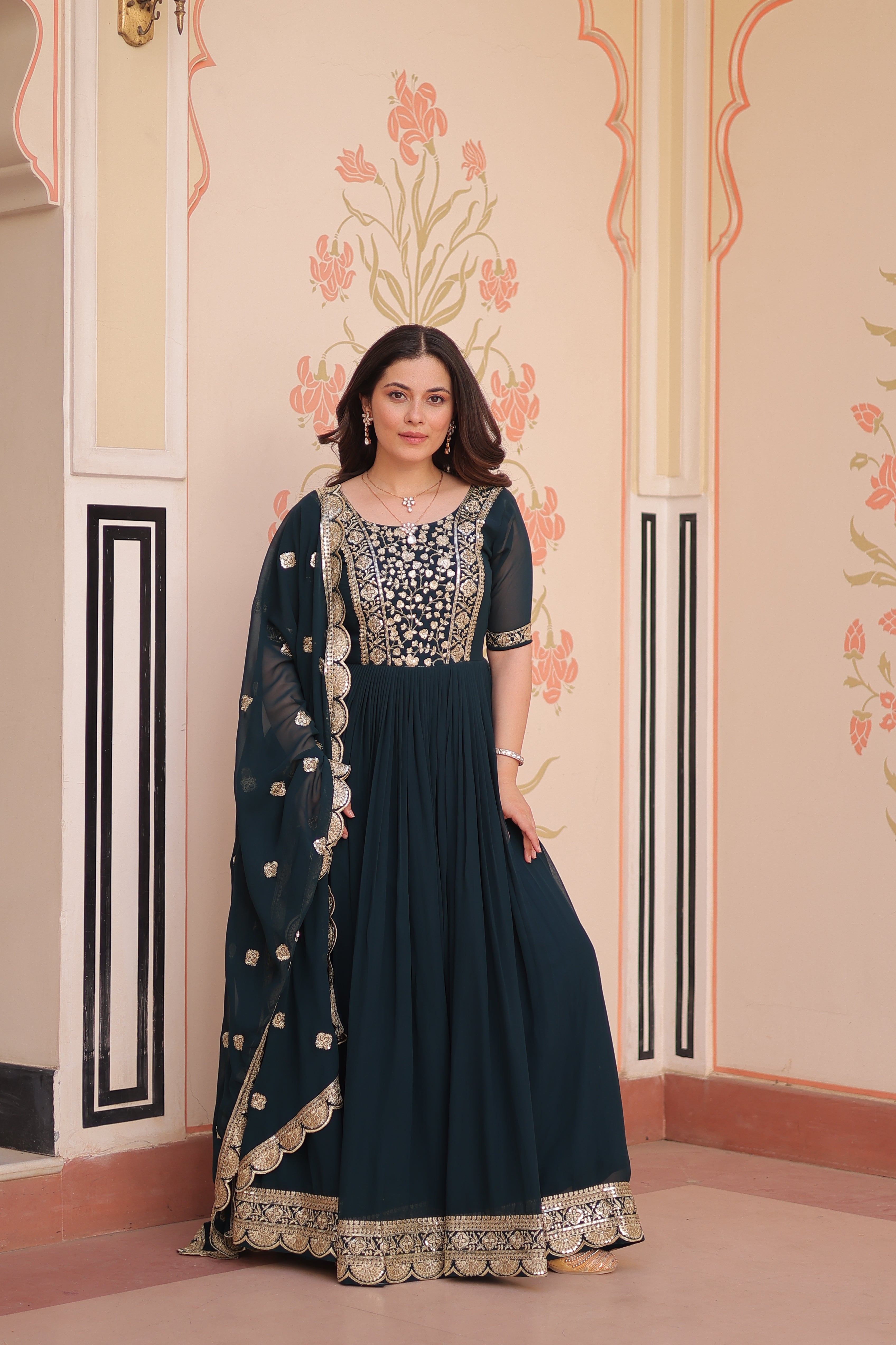 Sequins Embroidered Traditional Indian Gown With Dupatta