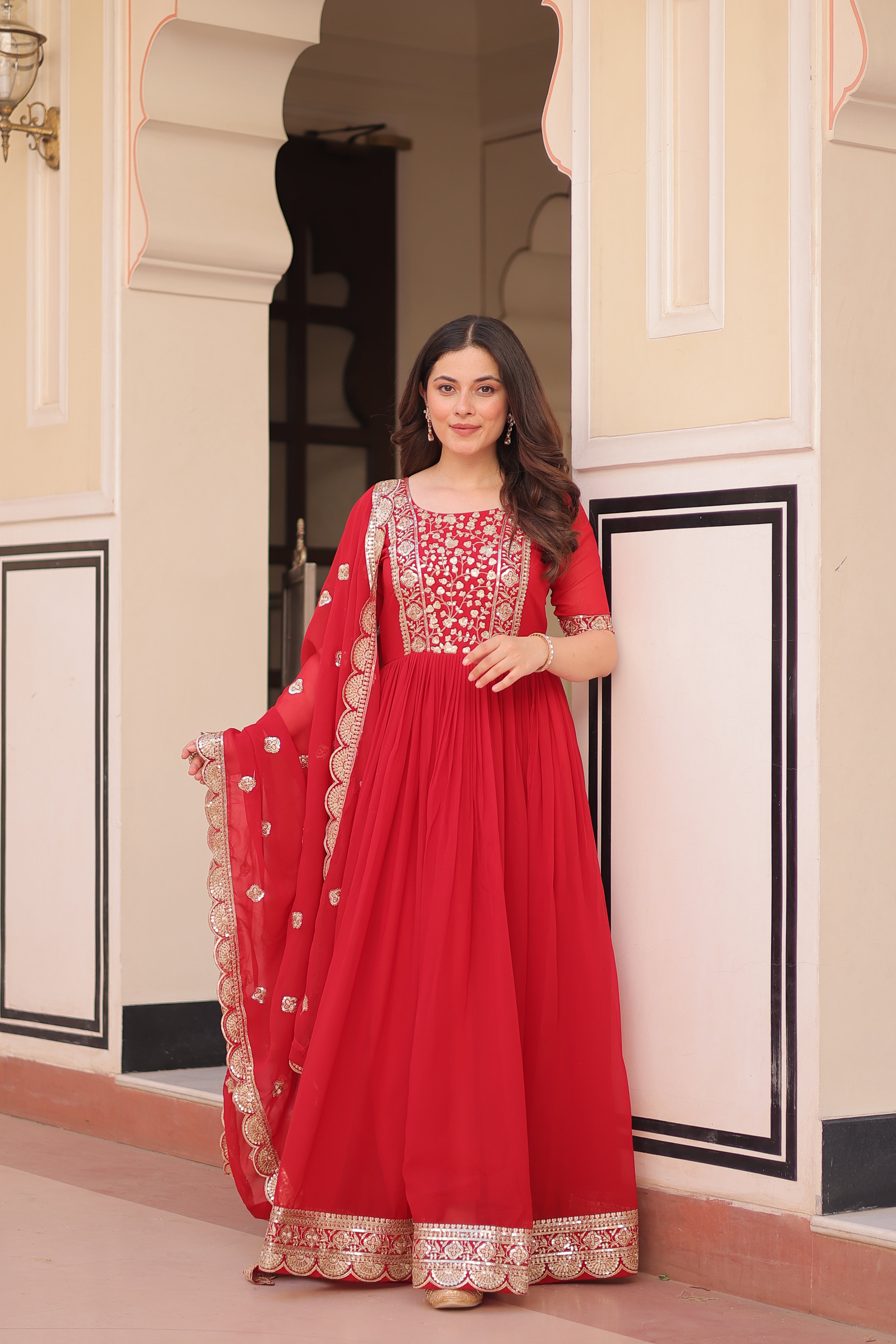 Sequins Embroidered Traditional Indian Gown With Dupatta