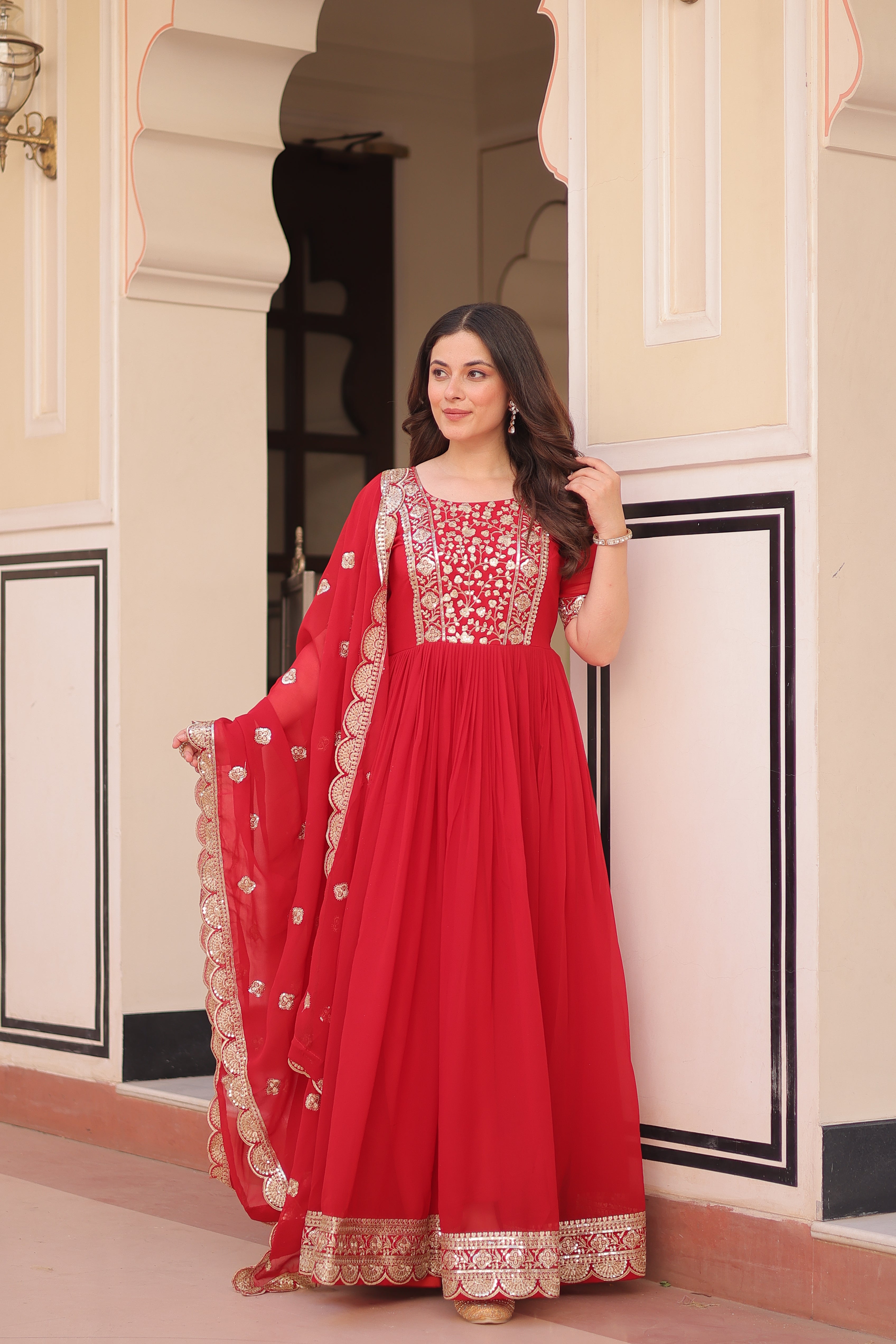 Sequins Embroidered Traditional Indian Gown With Dupatta