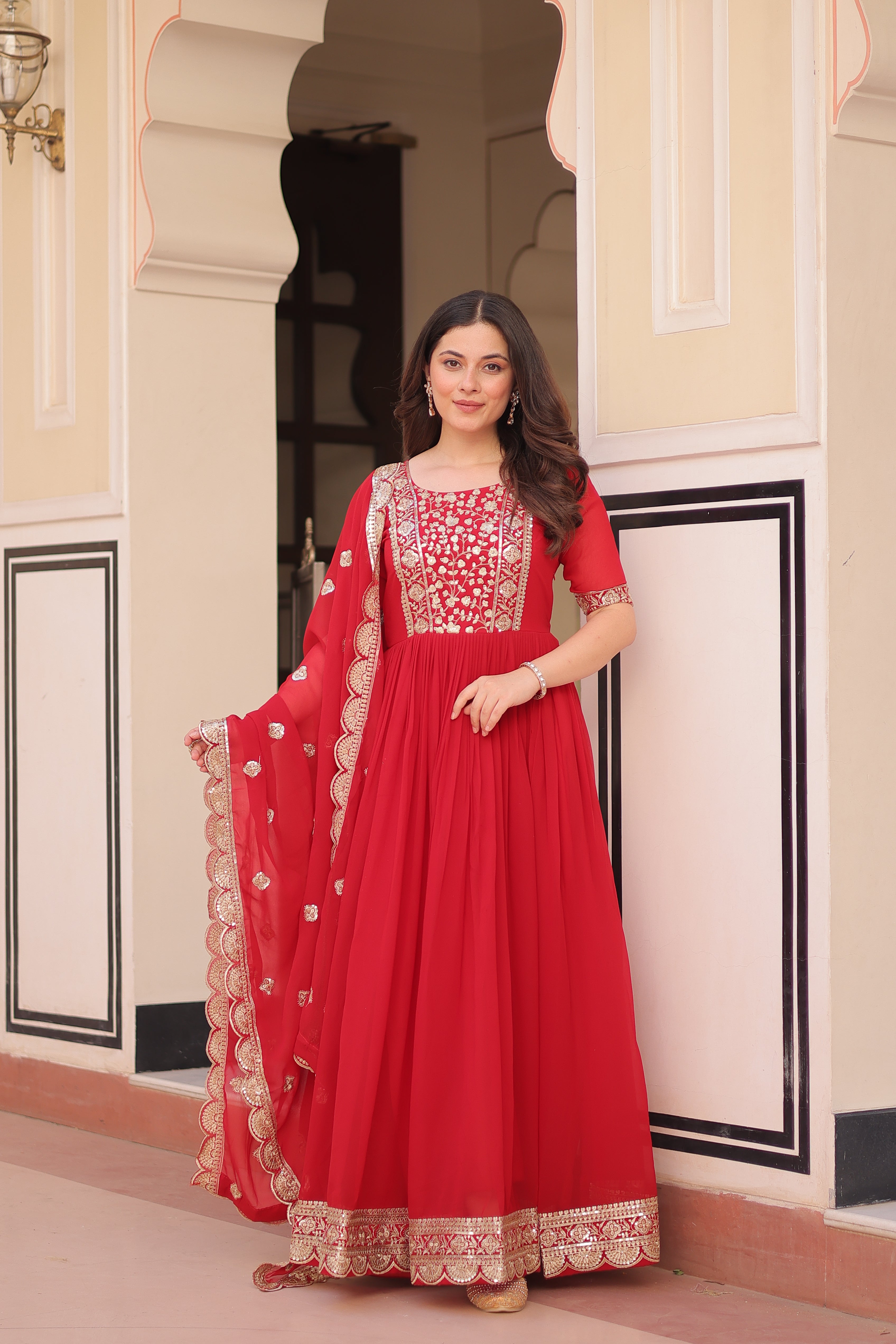 Sequins Embroidered Traditional Indian Gown With Dupatta