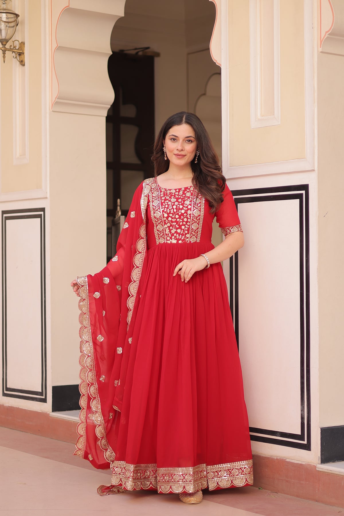 Sequins Embroidered Traditional Indian Gown With Dupatta