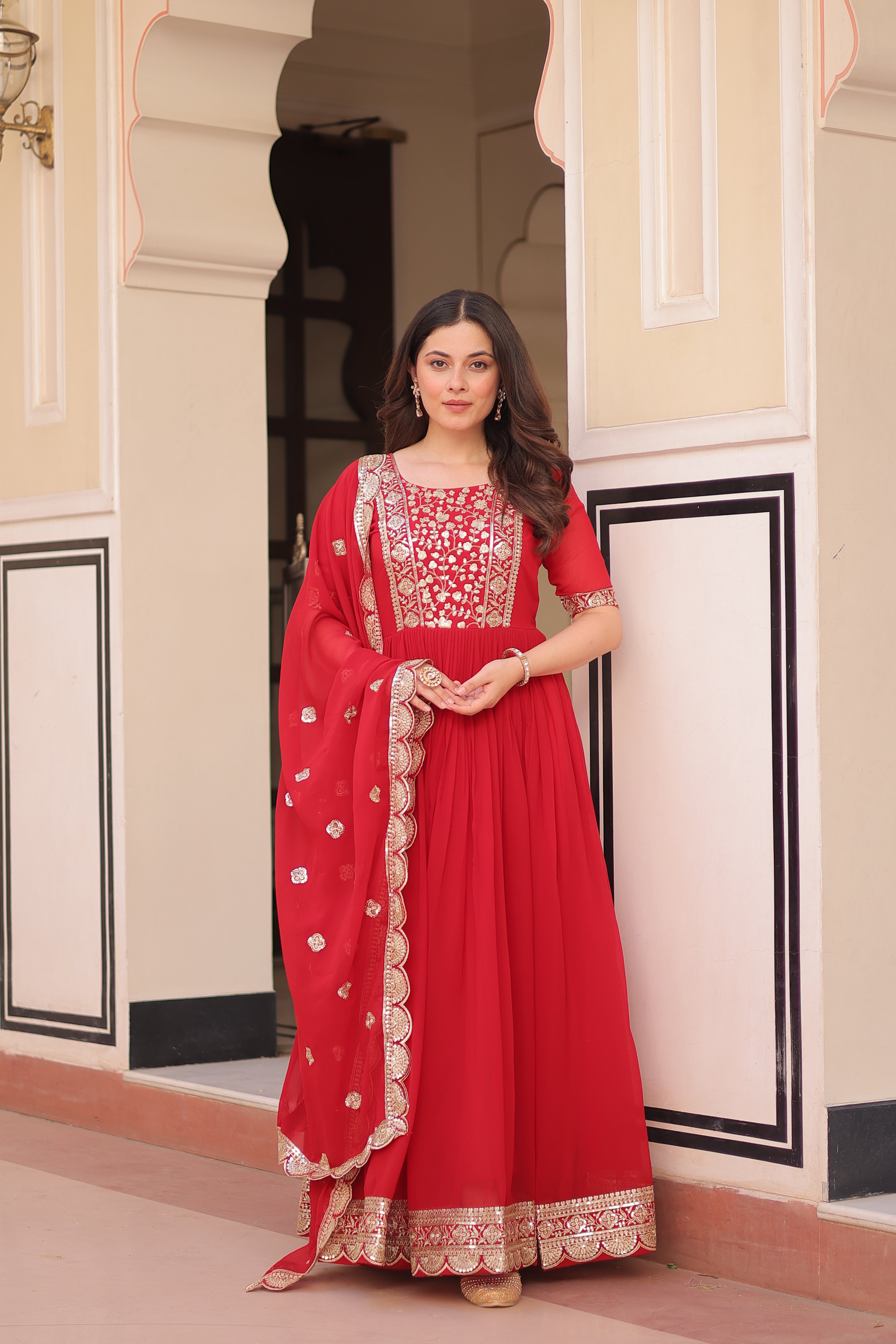 Sequins Embroidered Traditional Indian Gown With Dupatta