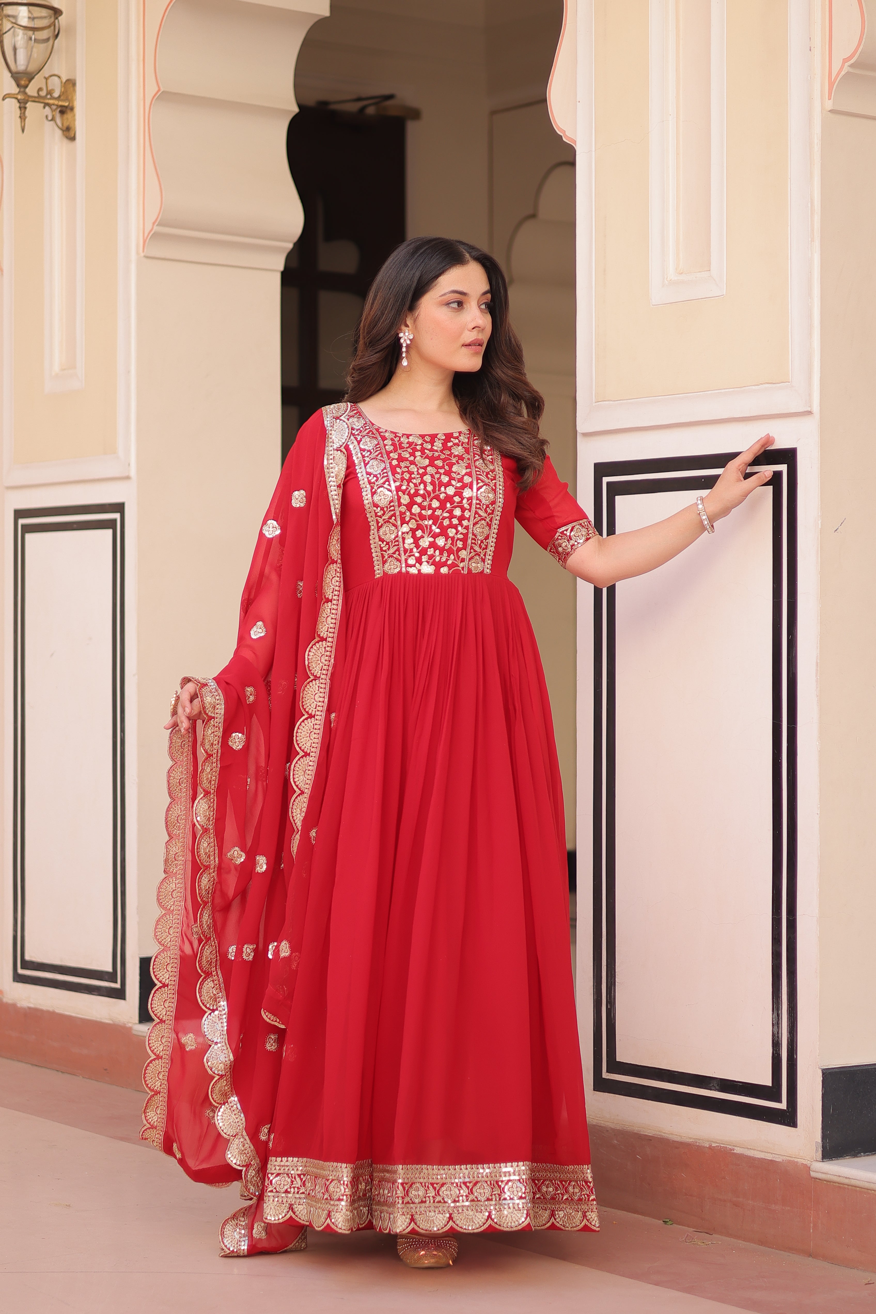 Sequins Embroidered Traditional Indian Gown With Dupatta