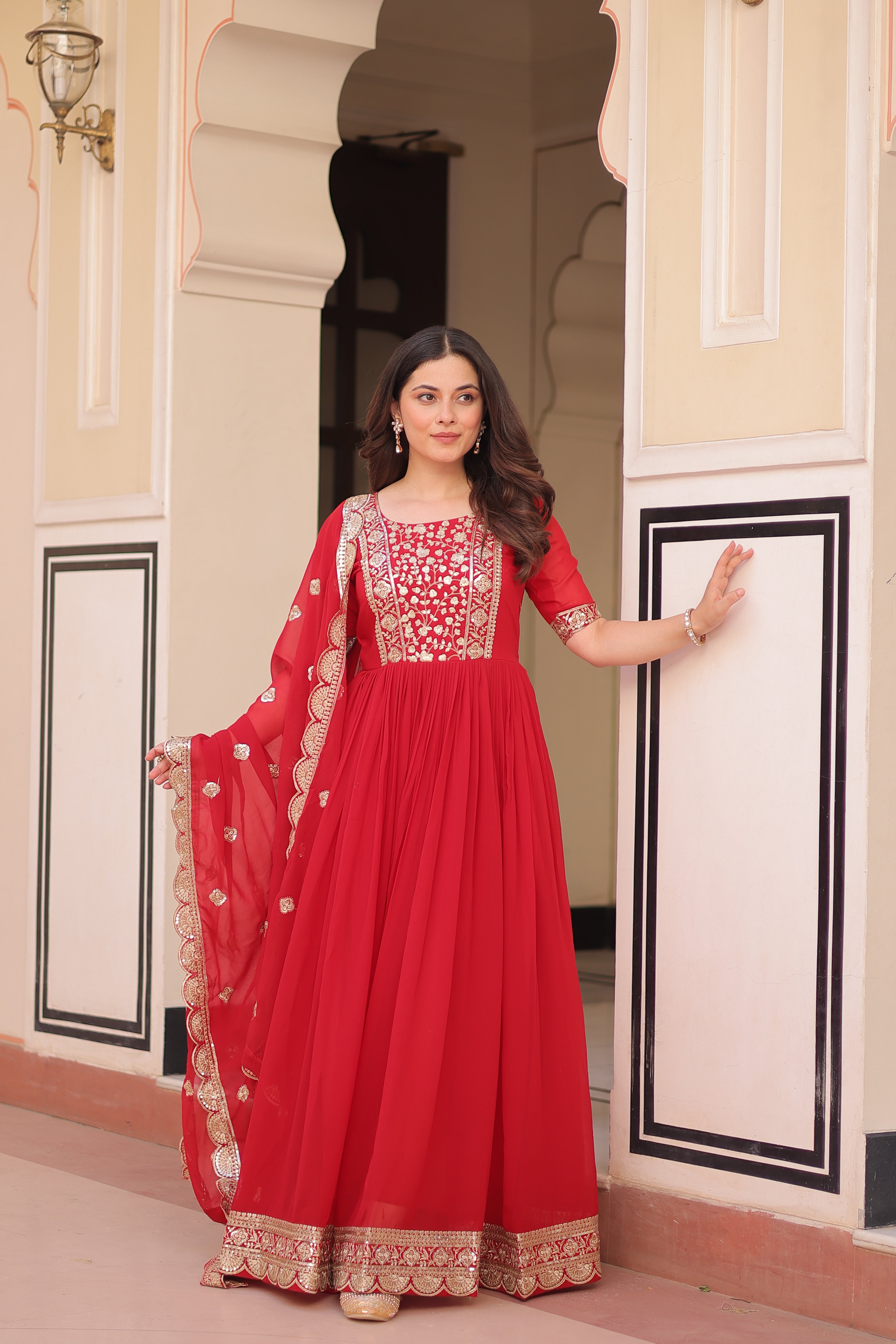 Sequins Embroidered Traditional Indian Gown With Dupatta
