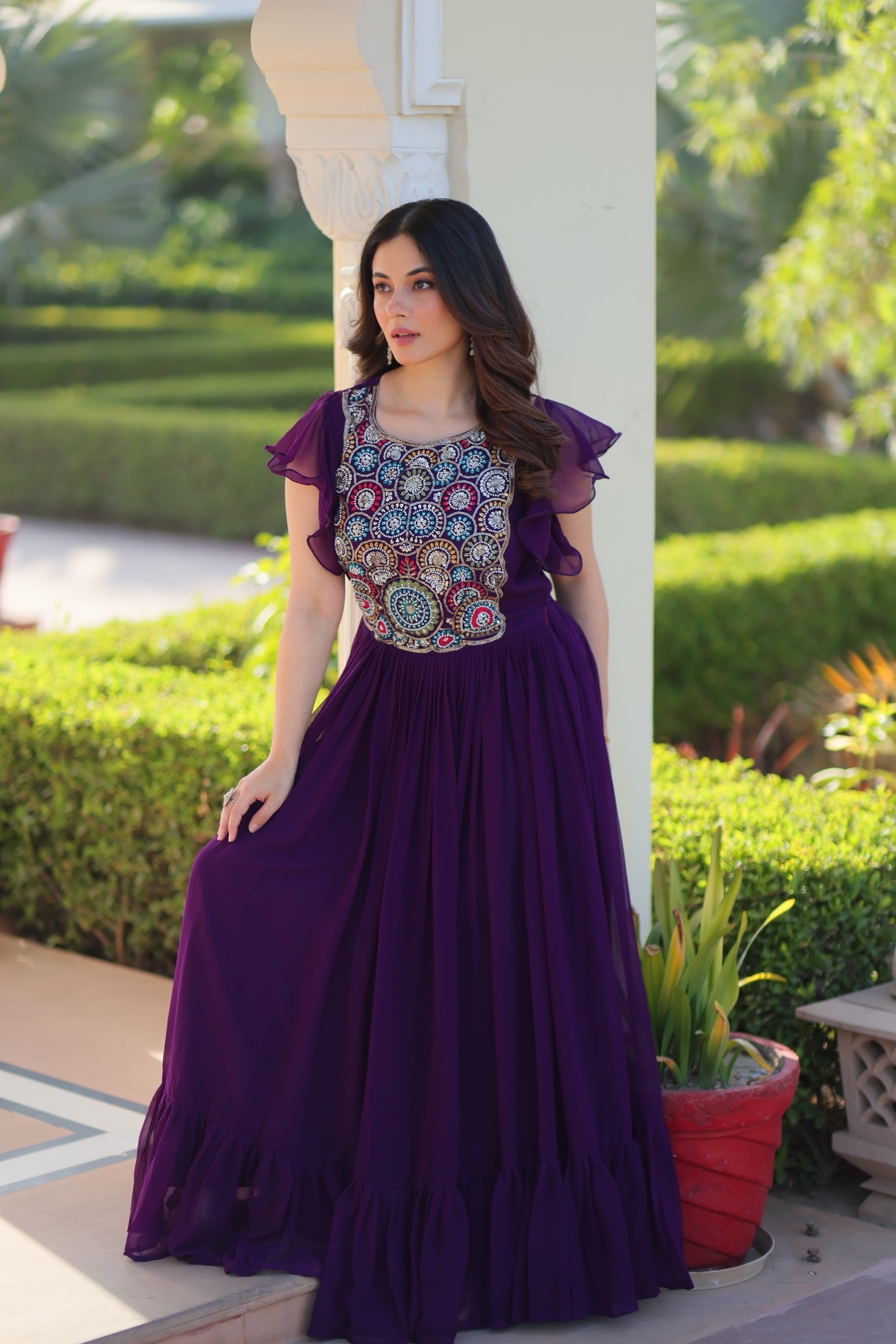 Georgette Beads Embroidered Traditional Indian Gown